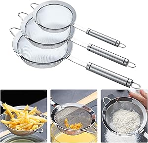 3pcs Mini Fine Mesh Stainless Steel Strainers Set - Premium Quality Kitchen Food Fine Mesh Strainer Colanders Sieve Sifters with Comfortable Non Slip Handles