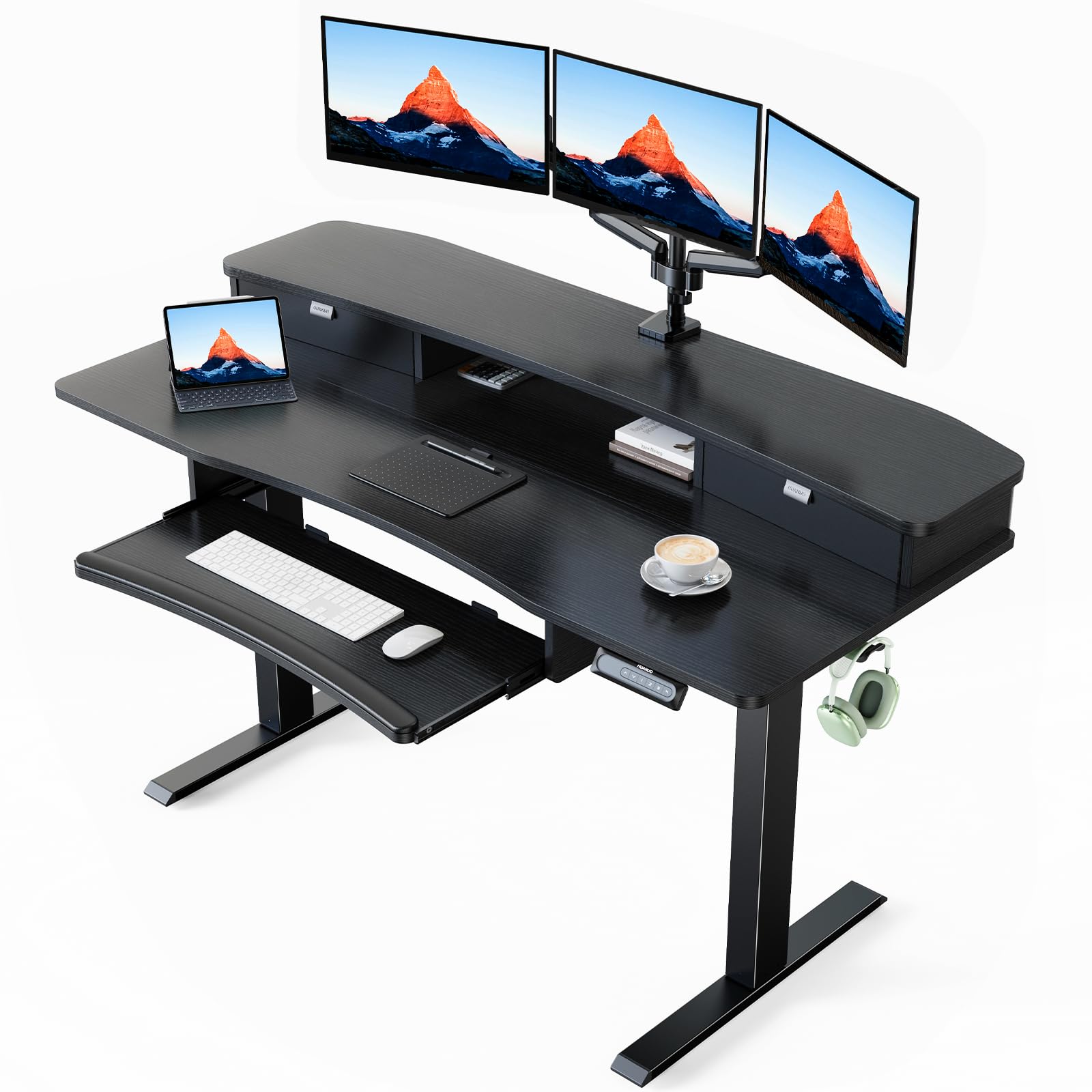 HUANUO 55" x 26" Electric Standing Desk with 2 Drawers & 26.7" Large Keyboard Tray, C-Clamp Mount Compatible, Adjustable Computer Desk for Home Office, Stand Up Desk with 4 Height Presets, Black