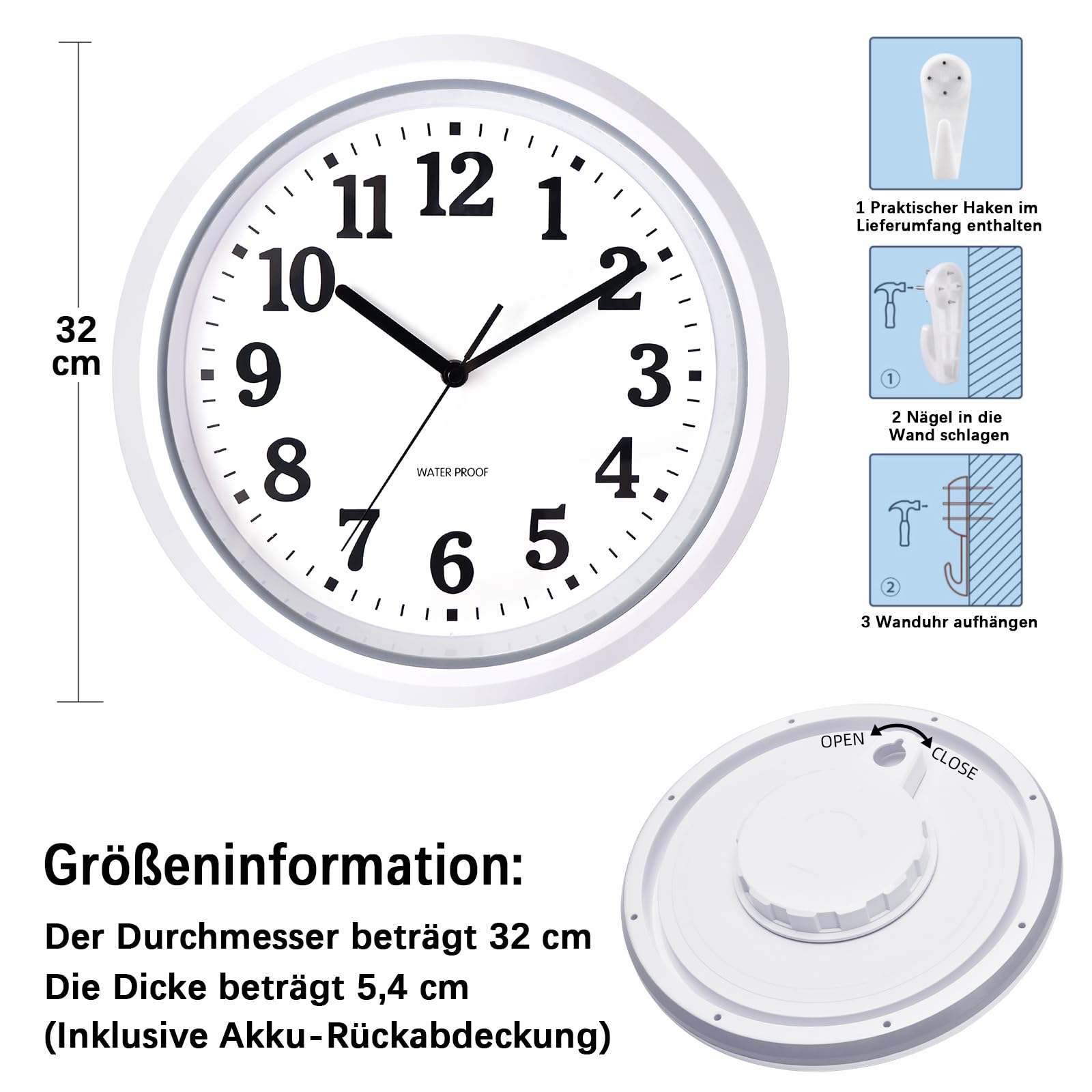 Horloge d'extérieur 32 cm - Étanche - Résistante aux intempéries - Facile à lire - Silencieuse - Pour extérieur, piscine, balcon, salle de bain - Blanc
