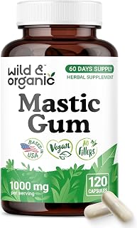 Wild & Organic Mastic Gum Capsules - 1000 mg Mastic Gum Resin Supplement for Gut Support - 2 Month Supply - 120 Vegan Capsules - No Fillers, Non-GMO, Gluten-Free