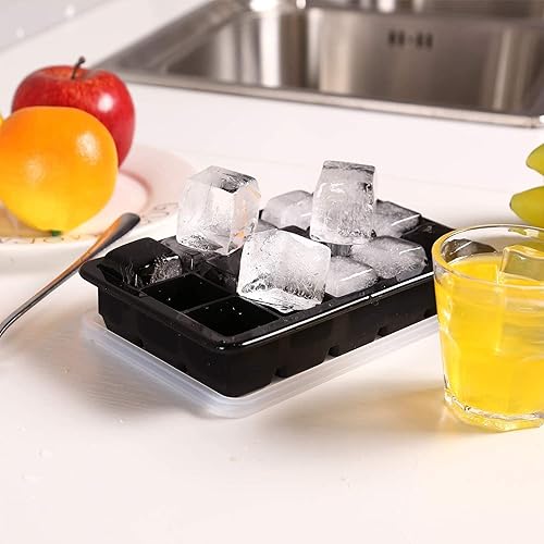 Miniatura 7 de LessMo Bandeja para cubitos de hielo con tapa, 2 unidades, moldes de silicona para cubitos de hielo, fácil liberación, 15 cubitos de hielo cuadrados