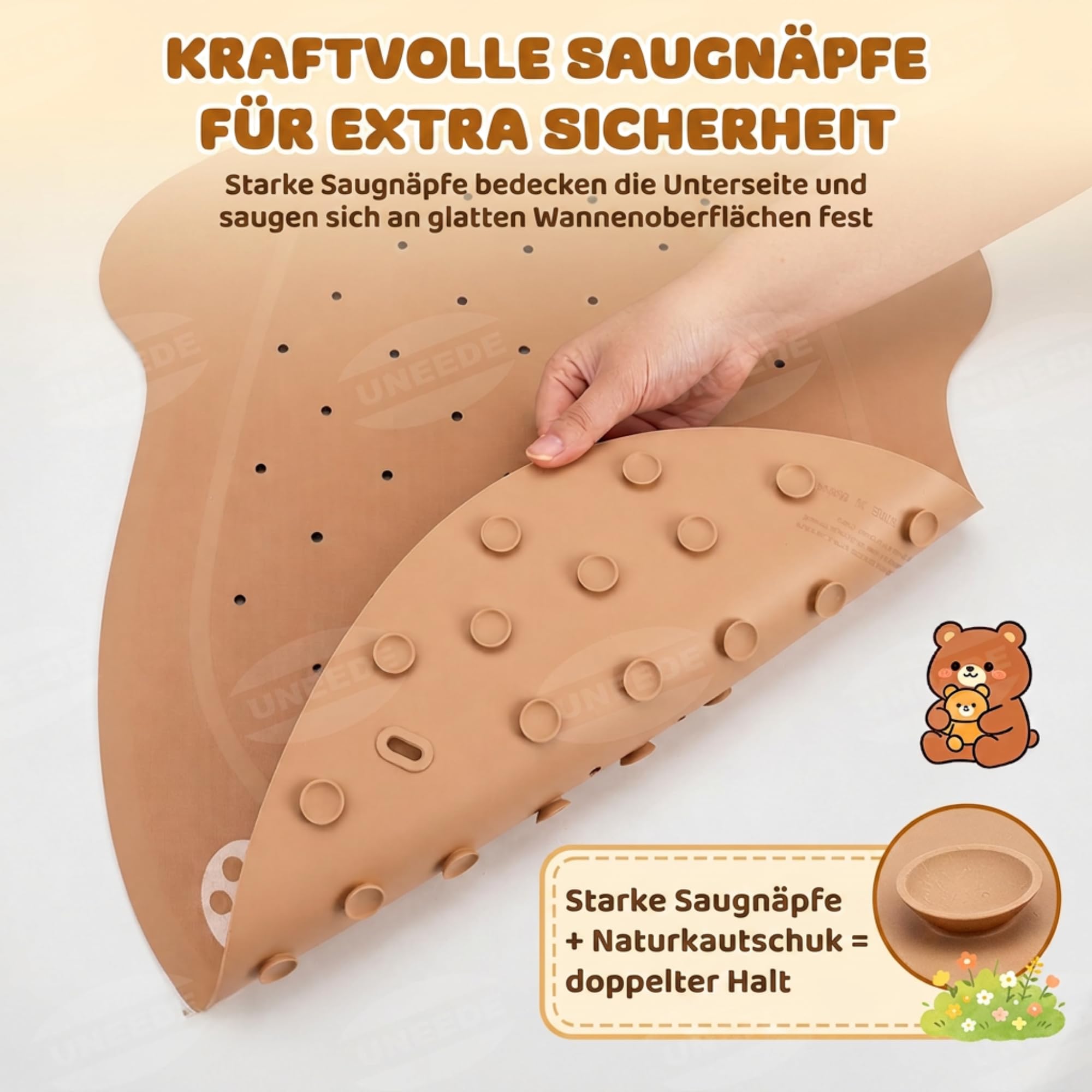 UNEEDE Bären Antirutschmatte Badewanne Kinder, 76x45cm Babybadematte aus Naturkautschuk, rutschfeste Badewannenmatte mit 126 Saugnäpfen & 43 Abflusslöchern, maschinenwaschbar