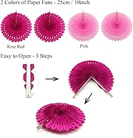Vista 3 de ZERODECO - Decoración para fiestas, 21 abanicos de papel rosa para colgar, pompones, flores, guirnaldas, tiras de lunares y banderines triangulares