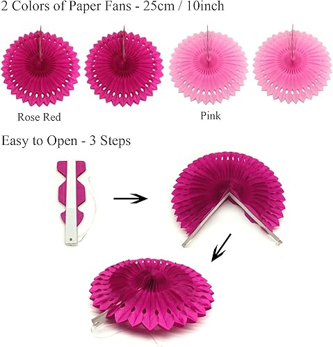 Miniatura 4 de ZERODECO Juego de abanicos de papel para colgar en fiestas, globos de confeti rosa, abanicos plegables decorativos, pompones de papel, banderas
