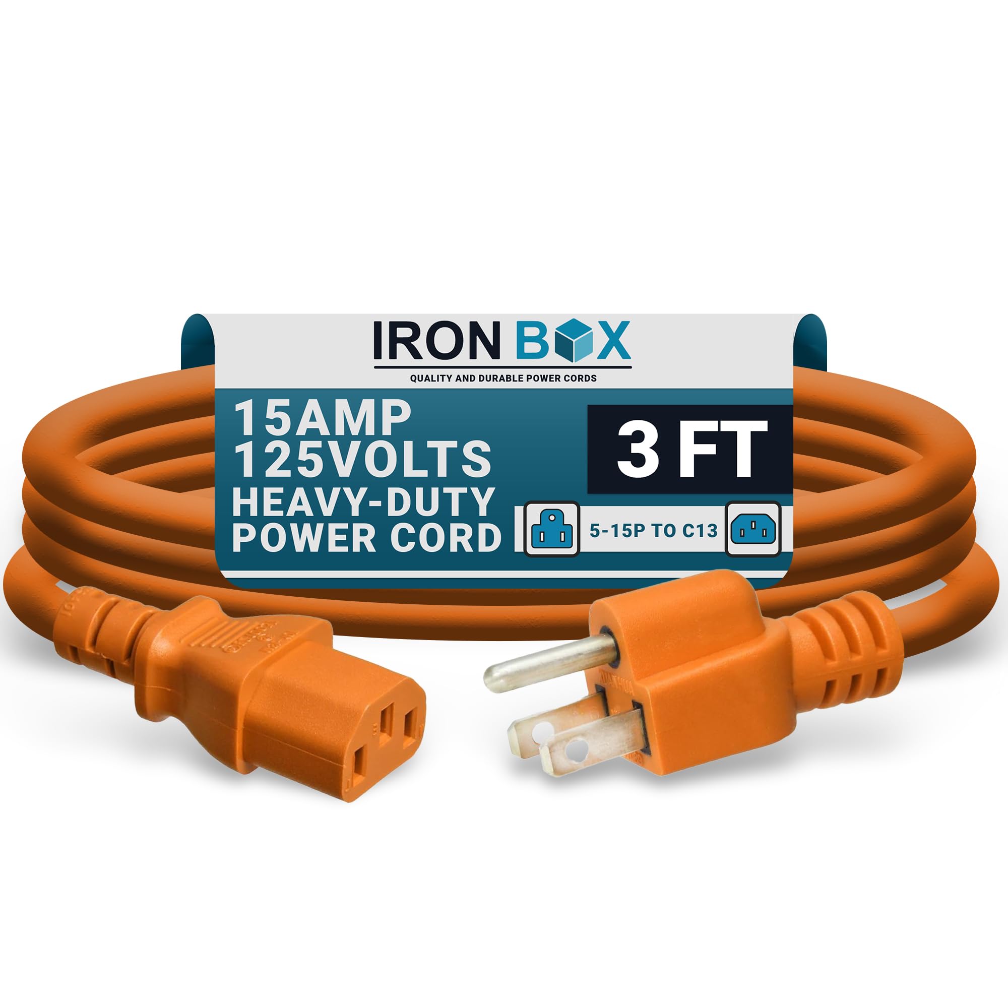 IronBox Electric - Heavy-Duty 5-15P to C13 Power Cord - 3 Prong 15A 125V 14/3 SJT PC Power Cable - Cord for Computer, Monitor, Subwoofer, Amplifier - Cable for Power Supply - (Orange 3 Foot)