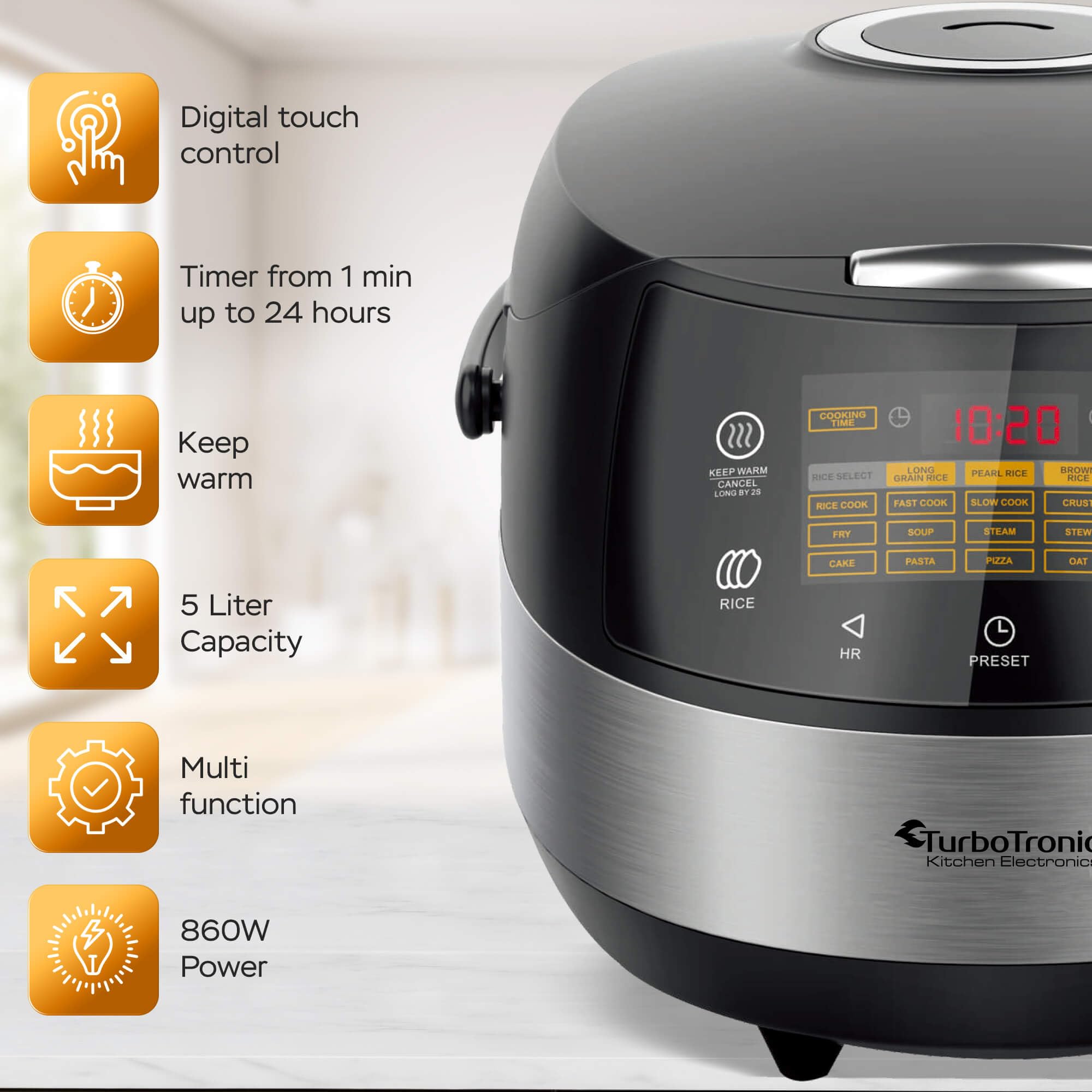 TurboTronic TT-DMC22 Multikocher | 5L Kapazität | 15 Programme | 860W Elektrischer Schon- und Dampfgarer & Reiskocher | Automatische Warmhaltefunktion | Multivarka | Digitale Kochmaschine