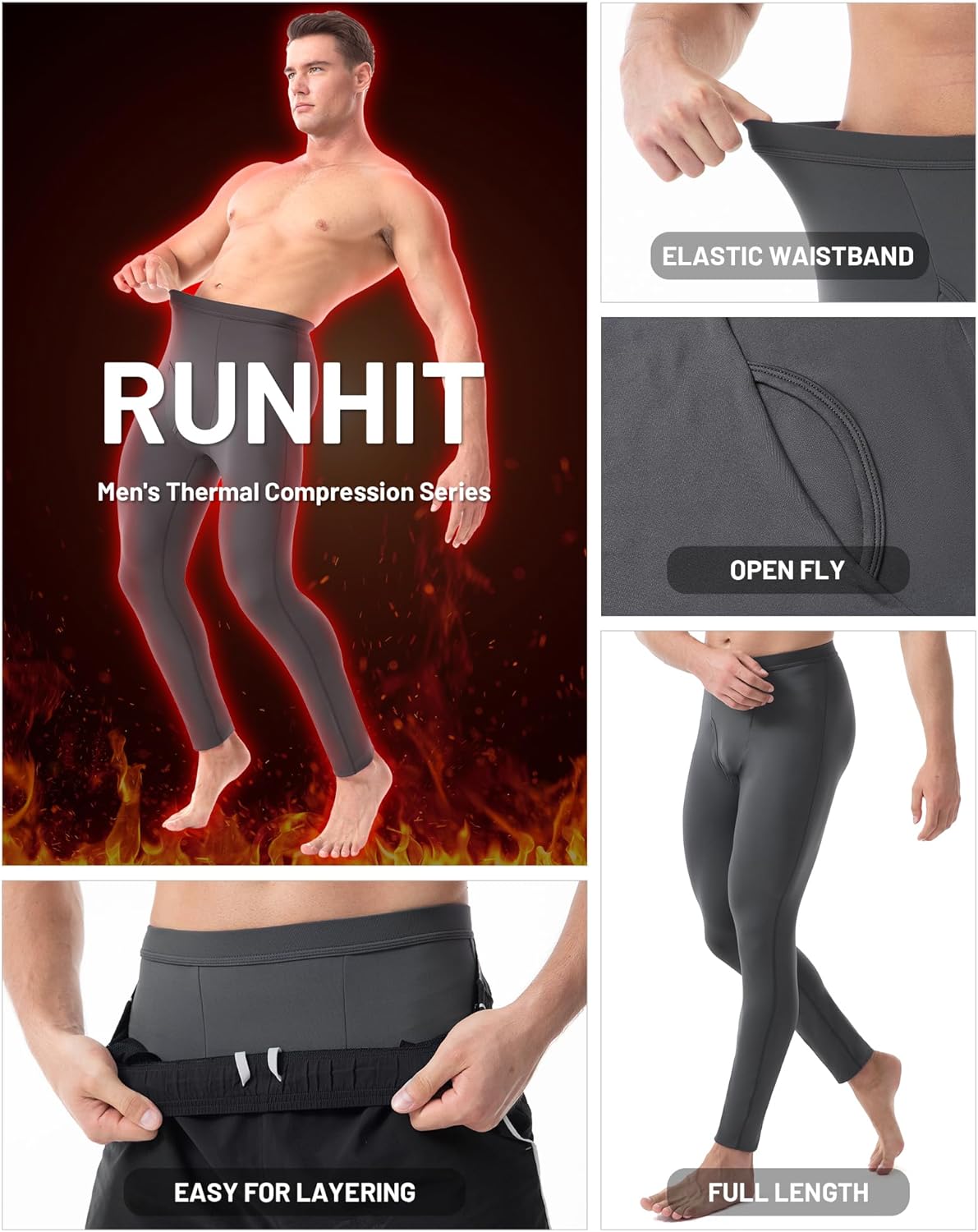Runhit Long Johns for Men Thermal Pants with Fly Long Thermal Underwear Winter Cold Weather Fleece Thermal Bottoms - Image 3