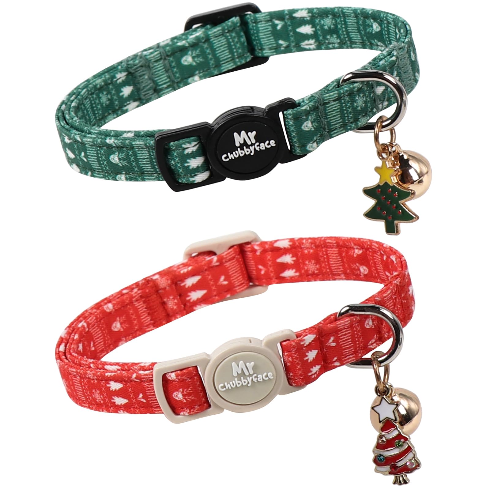 Paquete de 2 collares de gato, bonito collar de gato de Navidad rojo y verde con campana y colgante, collar de seguridad ajustable suave para gatos hembras y machos