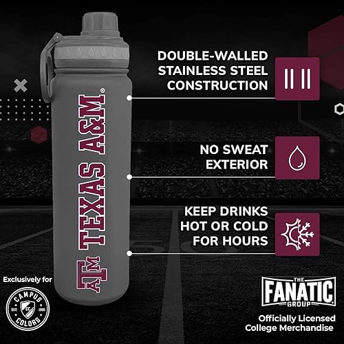 Vista 128 de Campus Colors Botella de agua de acero inoxidable de la NCAA, tapa giratoria, 24 onzas, clip de transporte, mantiene tus bebidas calientes o frías