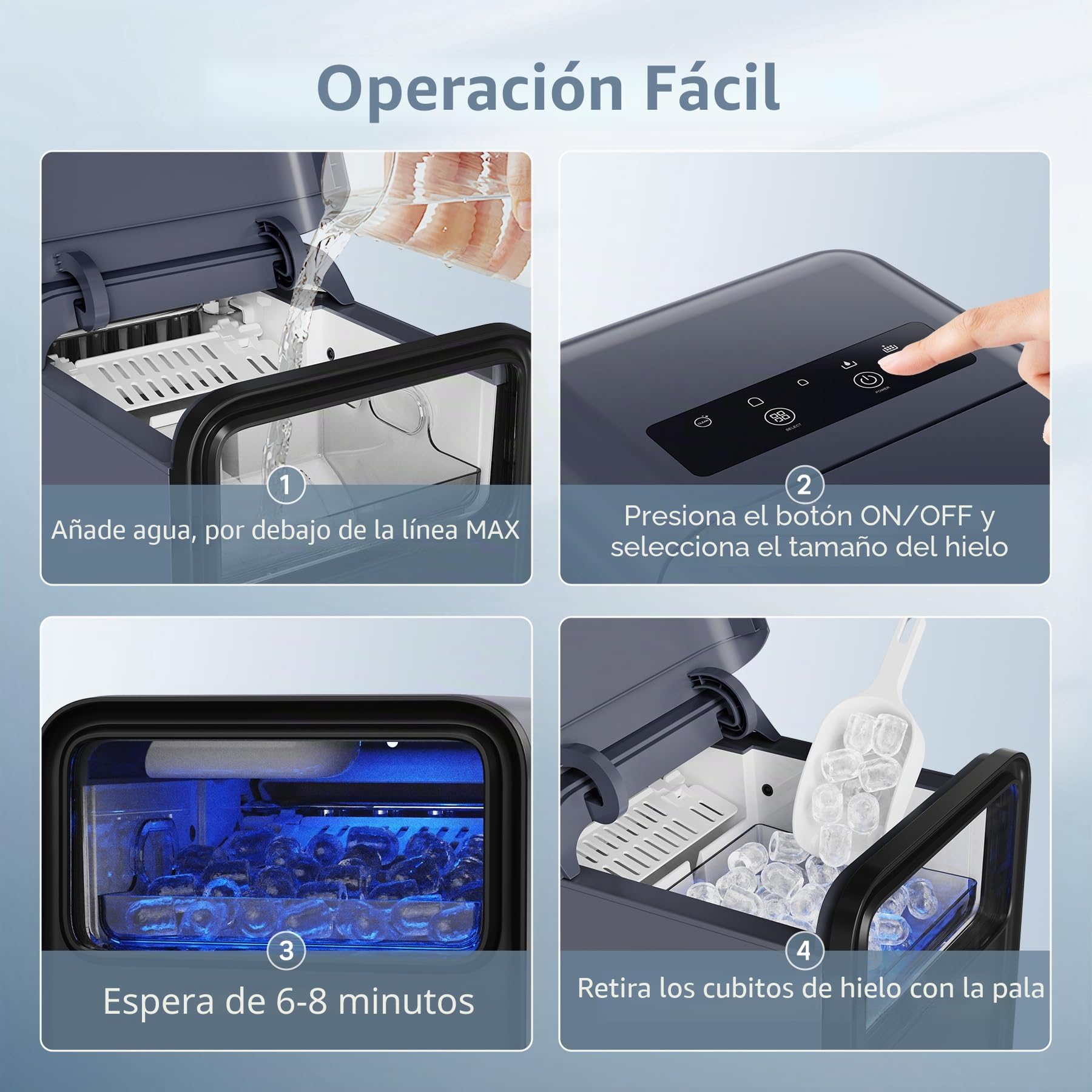 OMISOON Maquina de Hielo para Casa, Maquina de Hacer Hielo, 9 cubitos listos en 6-8 minutos, 12kg/24h, 2 Tamaños de Cubitos, Función Autolimpieza, Negro