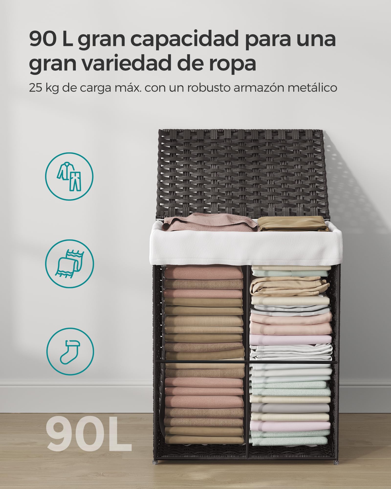SONGMICS Cesta de Almacenamiento, Cesta de Lavandería de 90 L con Tapa, Plegable, Bolsas de Tela Extraíbles y Asas, para Mantas, Ropa, Salón, Dormitorio, Lavadería, Negro LCB51BK | Eliott LCB51BK - Cesto para lavandería trenzado extraíble con tapa y asas,