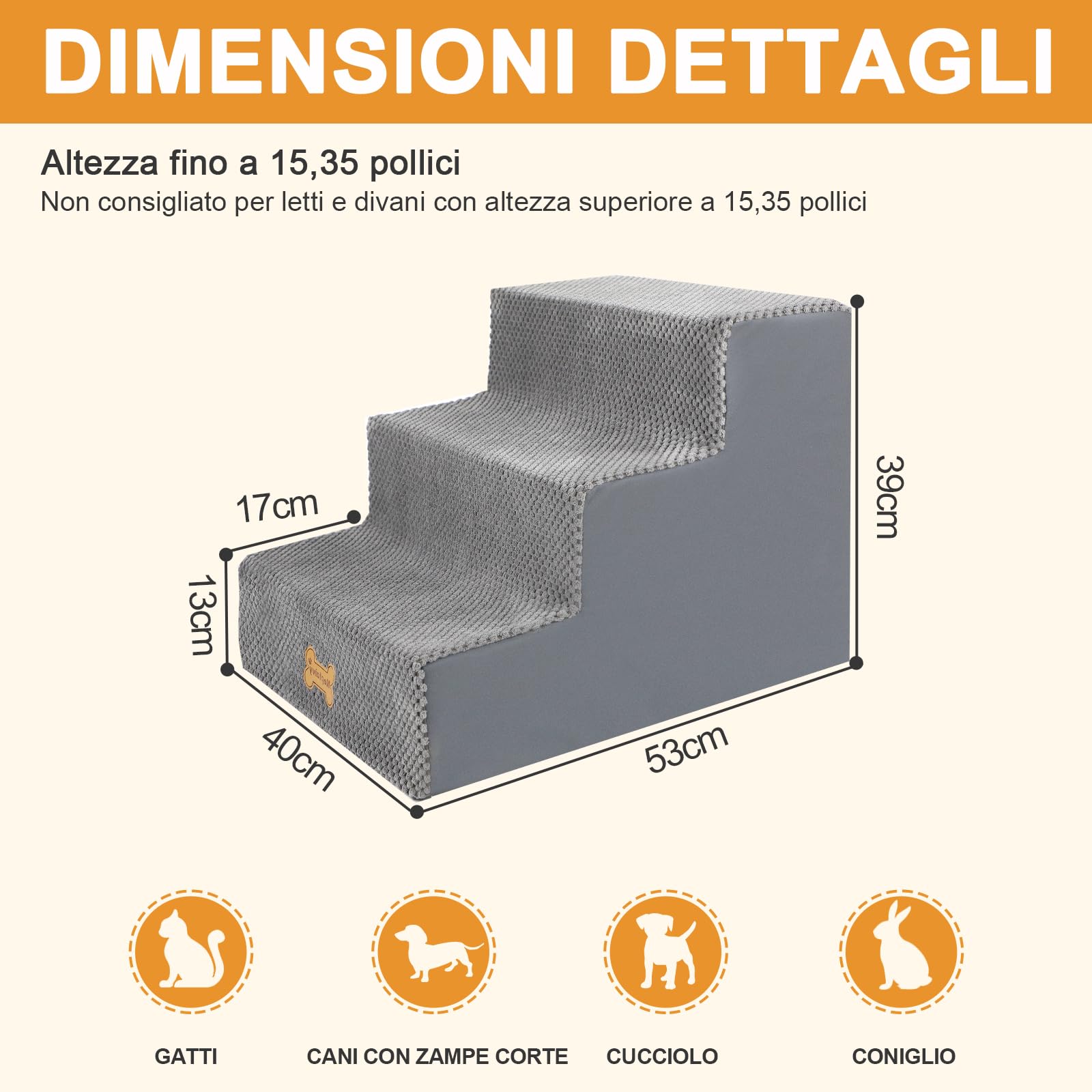 Nepfaivy Scaletta per Cani - Scala per Cani e Gatti per Salire sul Letto, Gradini per Copertura Rimovibile e Lavabile, Grigio, 53x40x39cm
