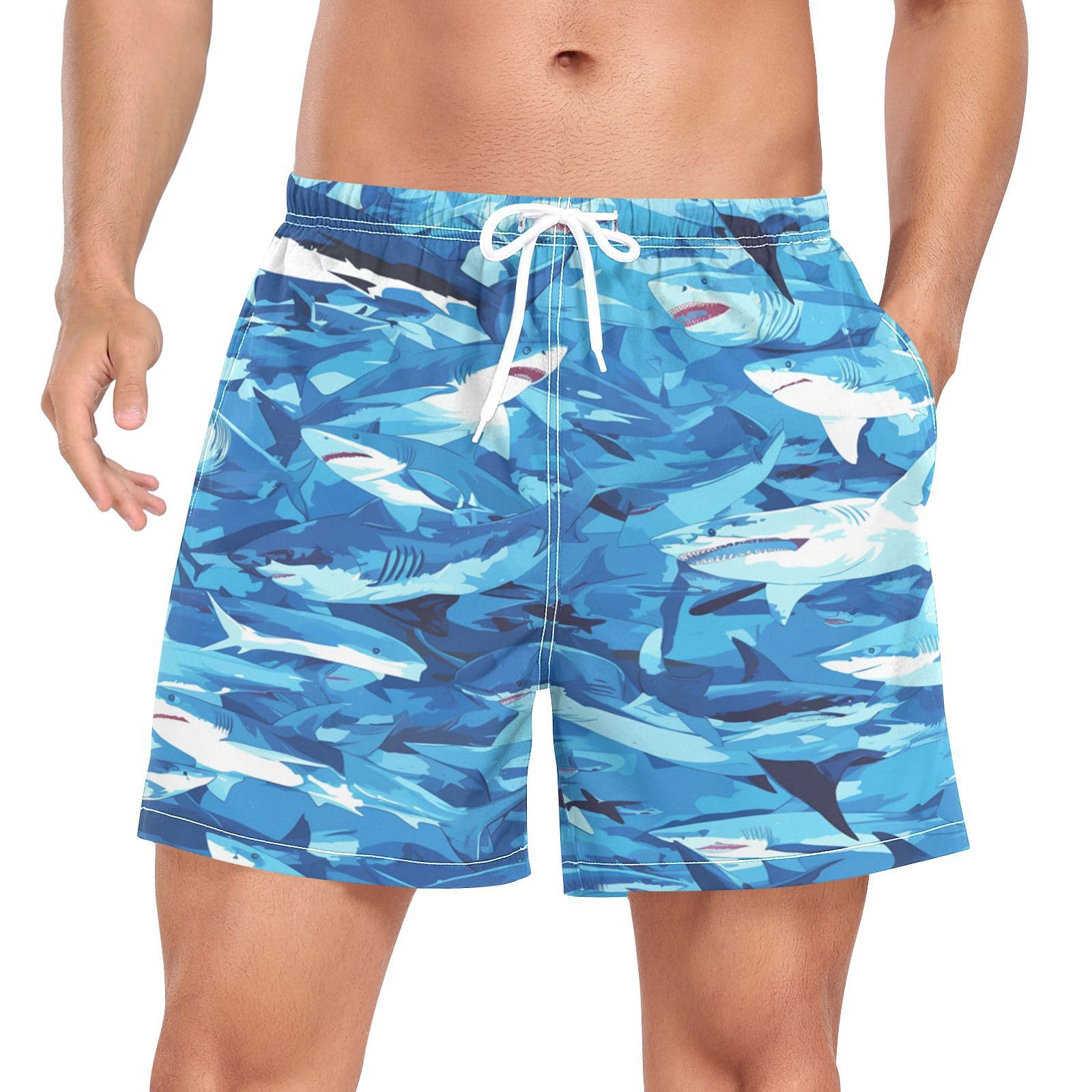 Wzzzsun Blue Camouflage Shark Fish Men's Swim Trunks Boardshorts Bathing Shorts with Compression Liner
