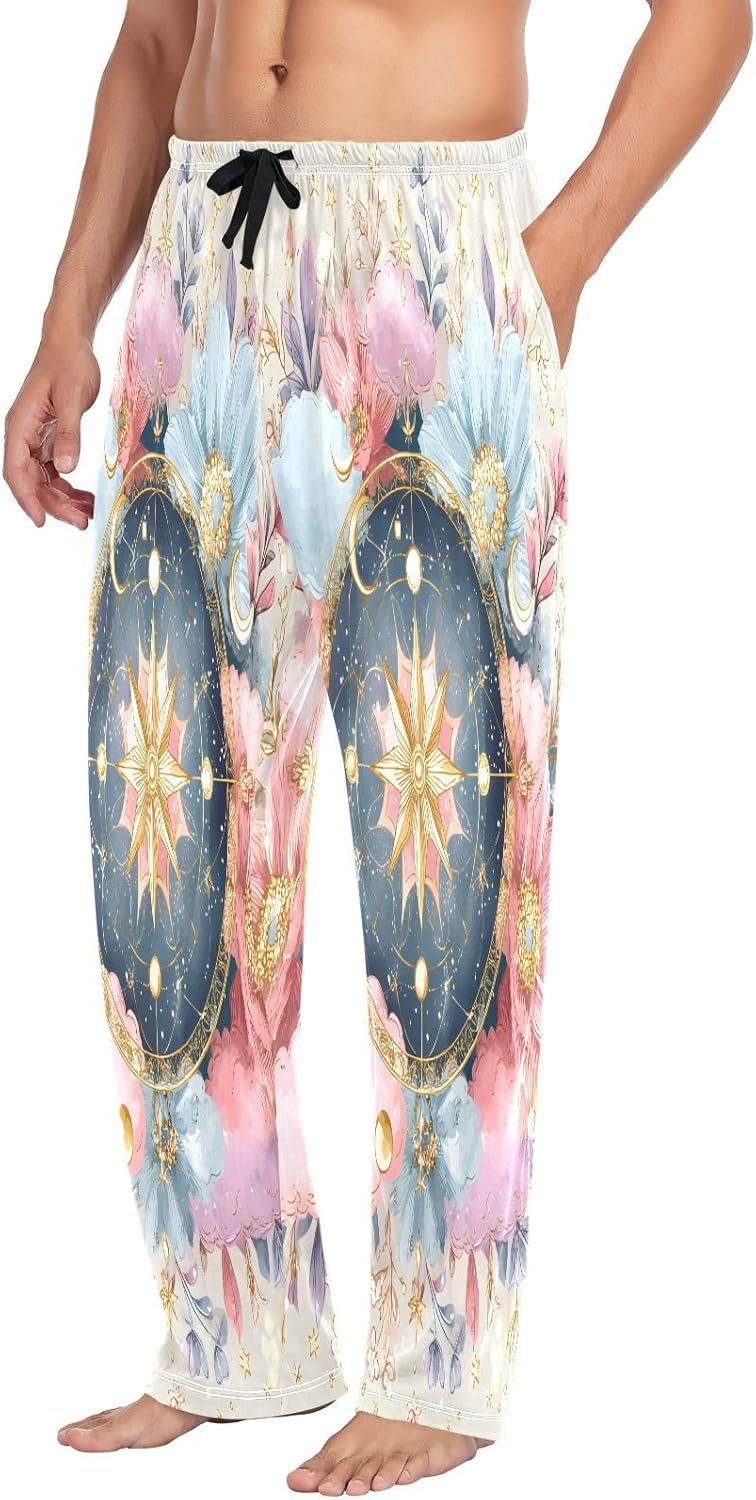 ALAZA Compass Moon Star Flowers Men's Pajama Pants Men Cotton Pajama Bottoms with Pockets, S