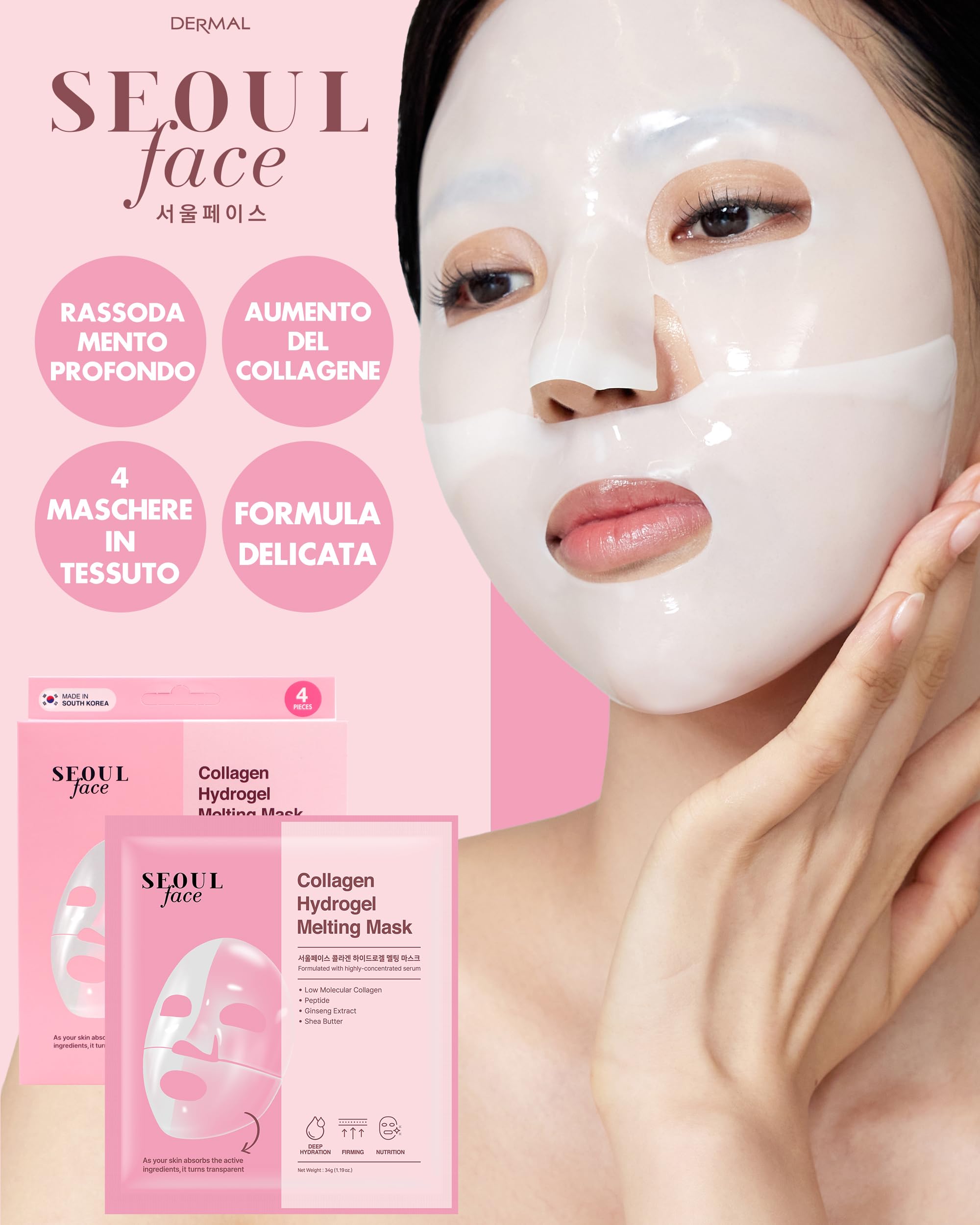 DERMAL Maschera in Gelatina Fusa con Collagene e Idrogel 4 pezzi – Maschera Notturna Coreana per il Viso – Idratazione Profonda, Rassodamento della Pelle e Cura delle Rughe per una Pelle Vetrificata –
