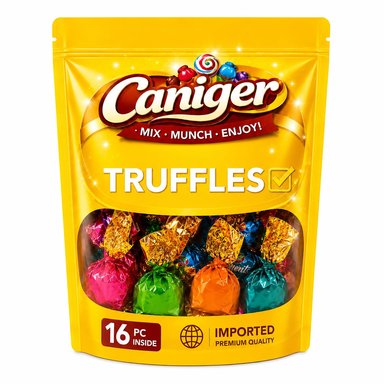 Caniger Imported Chocolate Truffles Assorted Candy Pack | 16 Pieces Premium Filled Chocolates | Mix Flavour Truffle Candy Gift Pouch-image-30