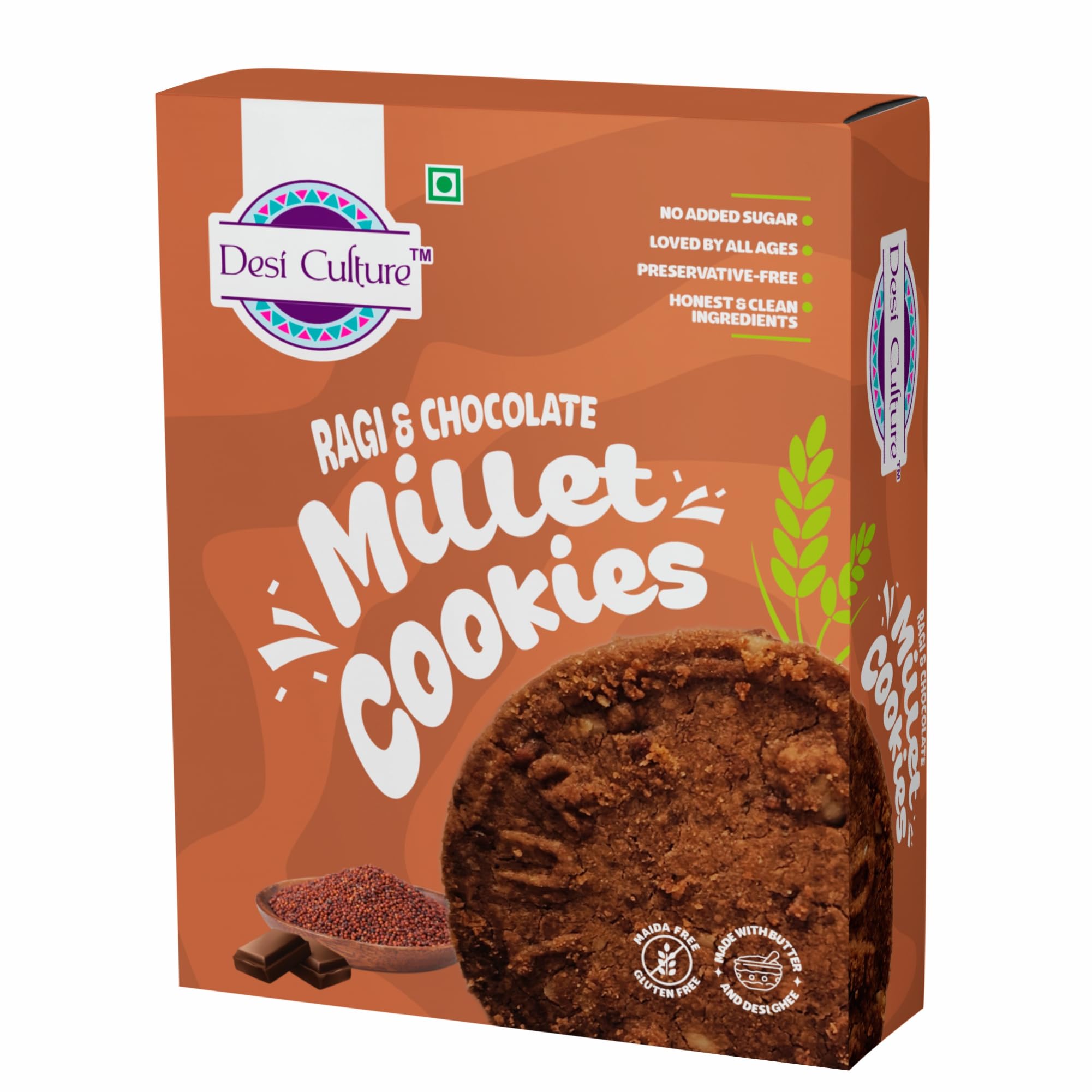 Desi Culture Ragi & Chocolate Millet Cookies | No Maida, No Palm Oil, No Refined Sugar | Jaggery Sweetened Healthy Biscuits | Gluten-Free, High Fibre | Eggless Vegetarian Tea Time Snack | 200 g