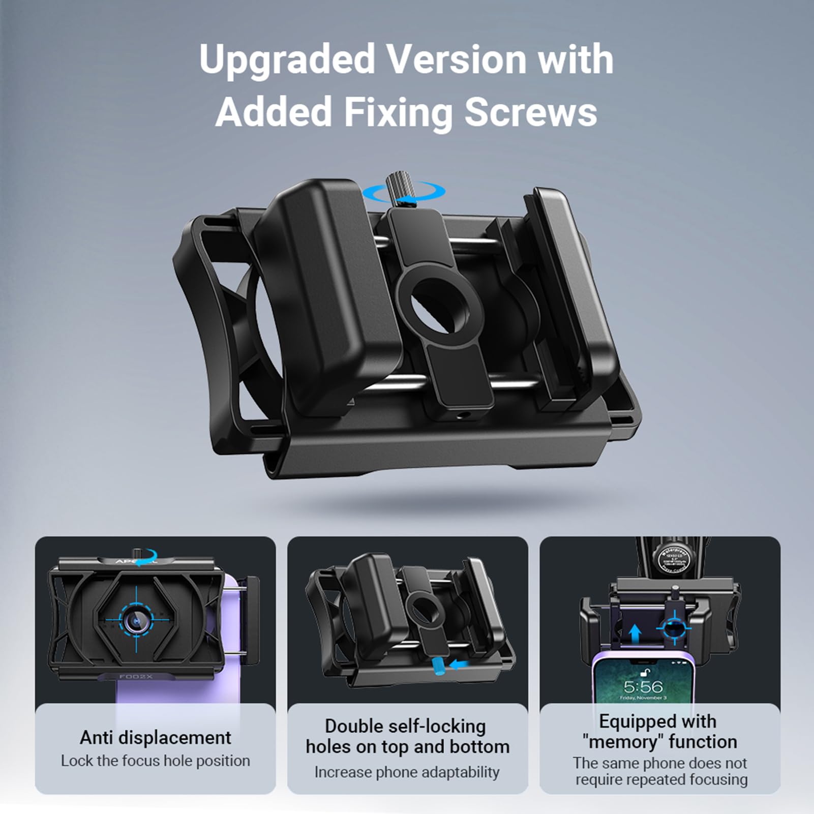 APL-F002X - Adaptador de teléfono para telescopio, soporte giratorio para teléfono para microscopio monocular, adaptador de fotos binoculares, adaptador de Digiscoping para smartphone