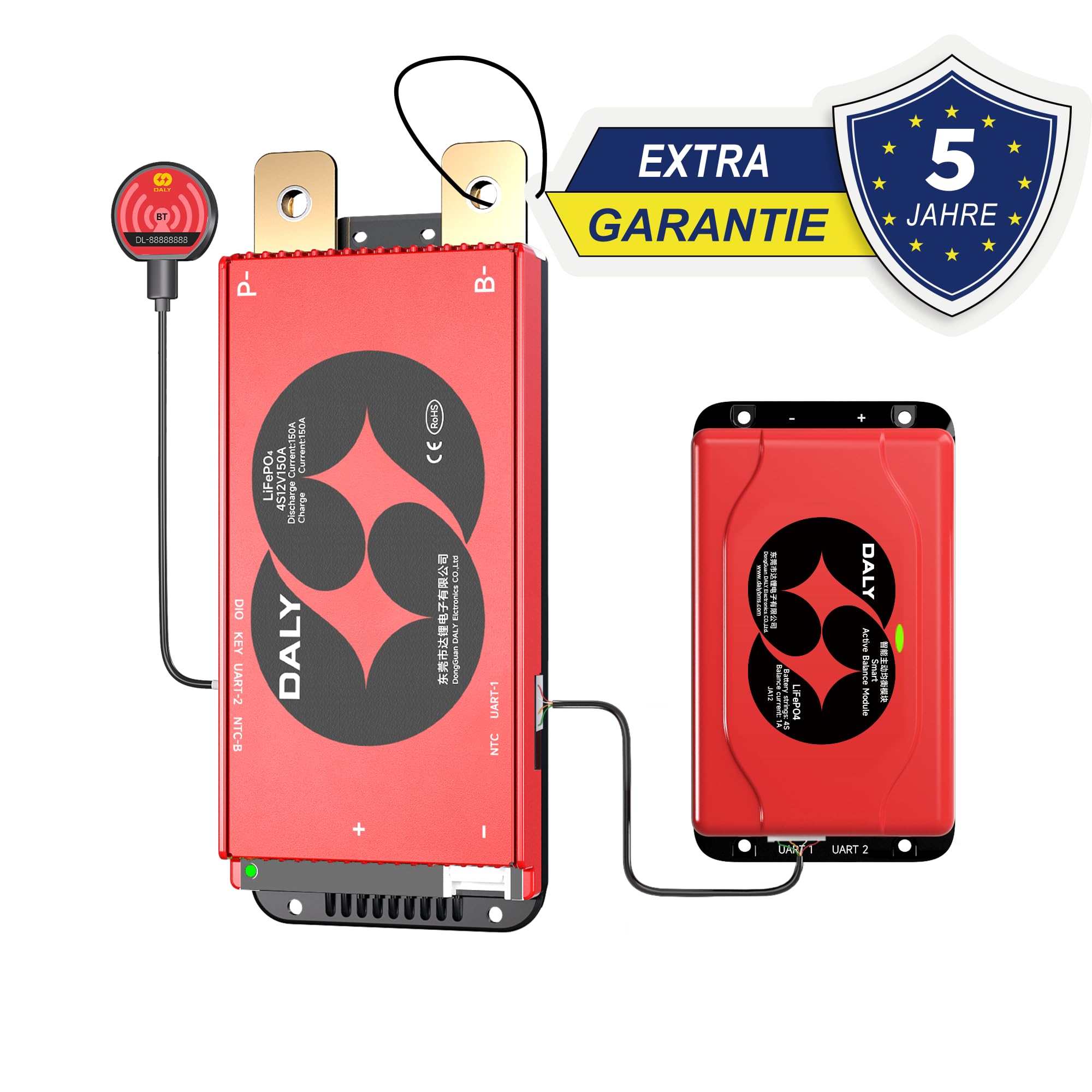 DALY BMS 12V 4S 150A Balance - BMS de equilibrio de celdas activas de 1A con módulo Bluetooth para baterías LiFePO4 de 12V Estación de energía portátil para batería de motor de pesca de arrastre de RV