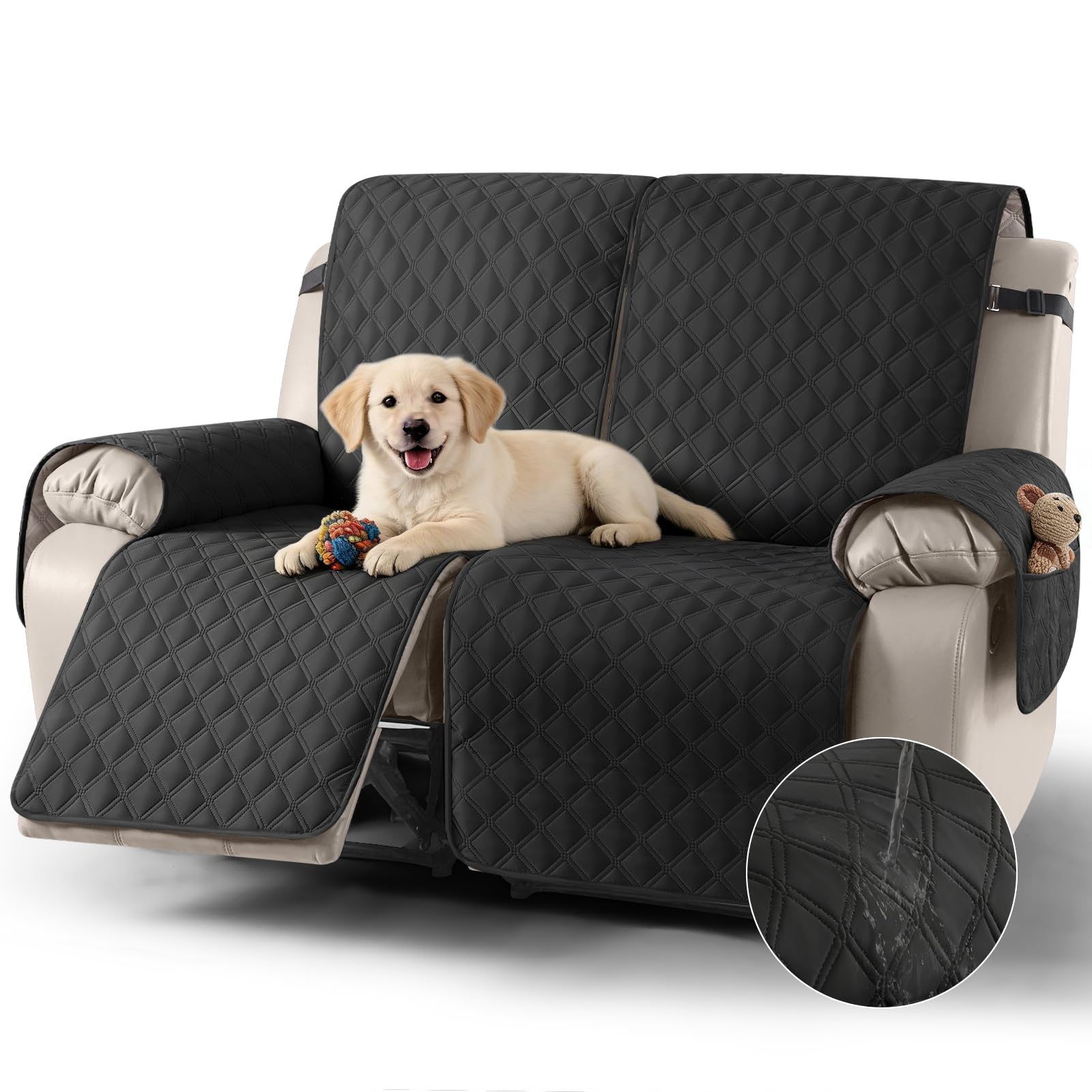 TAOCOCO Recliner Slipcovers,2 Seater Recliner Protector,Waterproof Recliner Covers,Armchair Covers with Pockets,Non Slip Reclining Sofa Covers Arm Chair Covers for Pets/Dogs/Kids(Black) — image 1