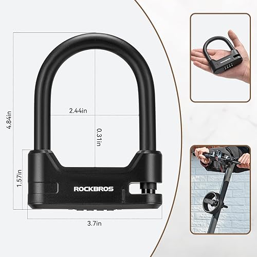 Miniatura 7 de ROCKBROS Candado de bicicleta con bloqueo en U con cable, cerradura de combinación de 4 dígitos, portátil, antirrobo, resistente, para bicicleta,
