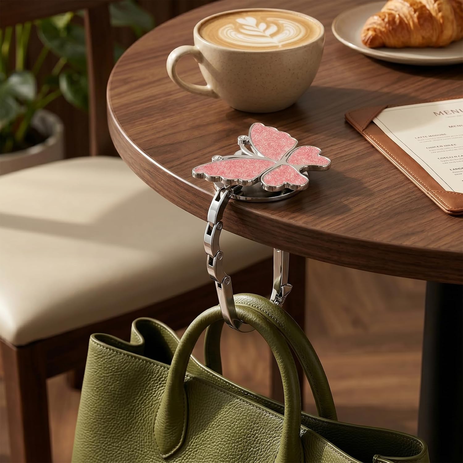 2PCS Foldable Handbag Hanger, Butterfly & Four Leaf Clover Purse Hook for Table, Portable Bag Holder with Anti-Slip Base, Cute Desk Hook for Restaurant Office Travel Gift(white＋pink,Butterfly)