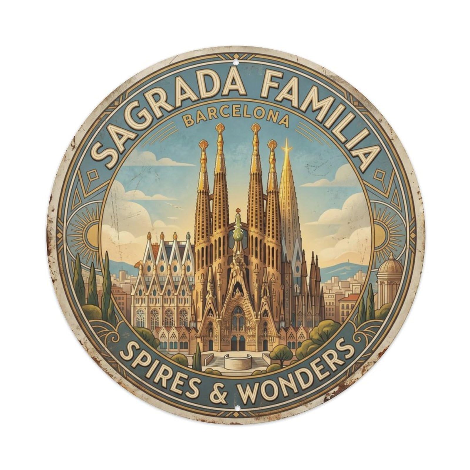 Sagrada Familia Spires Barcelona Cathedral Metal Tin Sign Plaque Wall Decor for Cafe, Club Bar, Office, Home Garden Round Metal Poster 8x8Inch