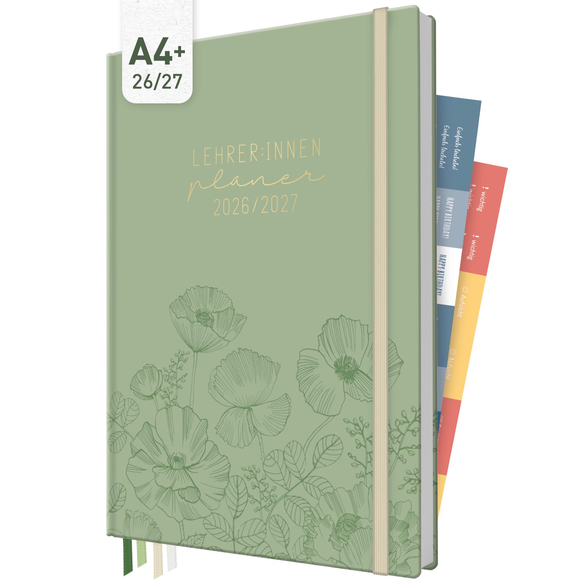 Häfft® Lehrerplaner 2026/2027 im A4+ Format - Großer Lehrerkalender & Schulplaner für das Schuljahr 26/27 – Hardcover mit 4 Lesebändchen, Notenlisten & Stickern "Green Poppy"