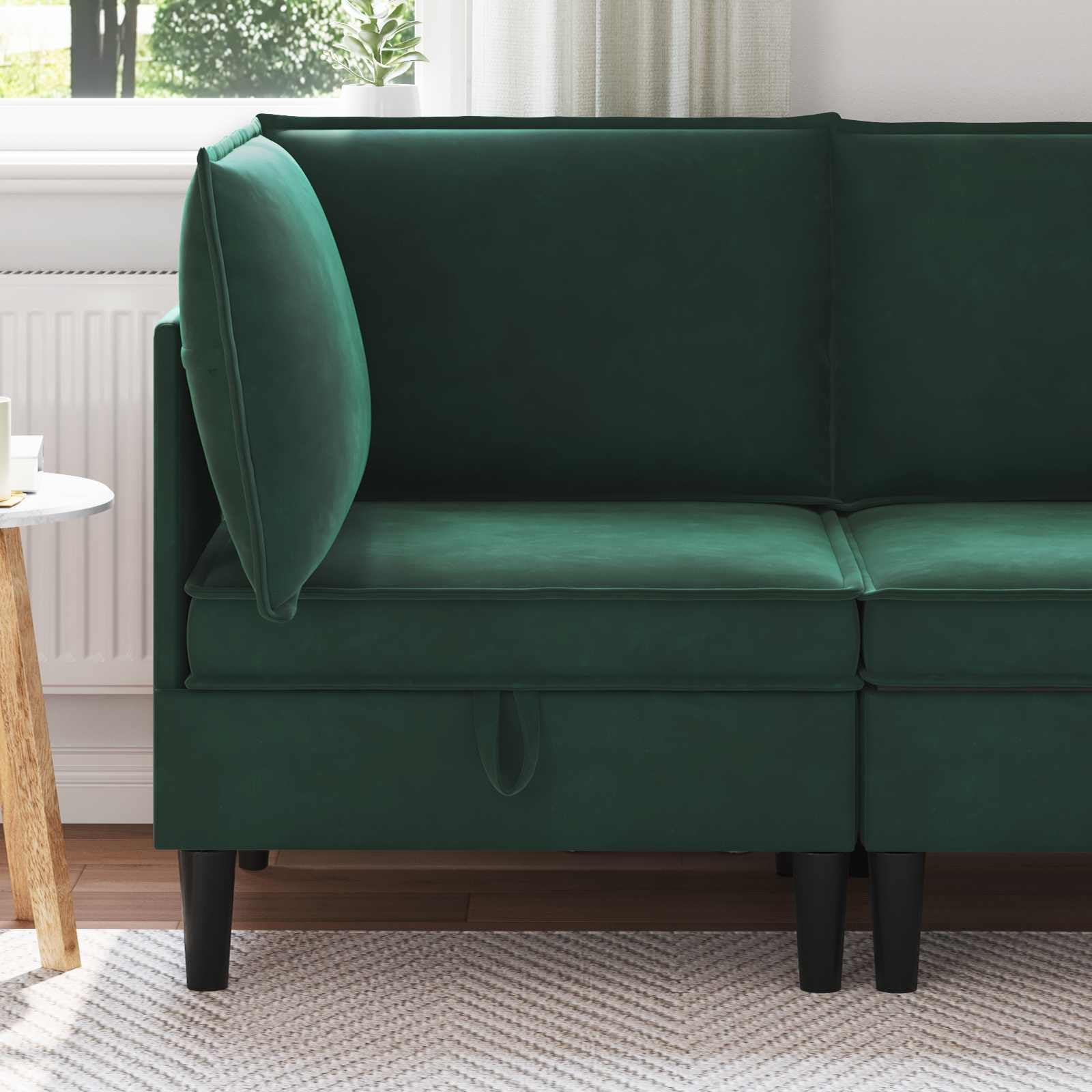 Divano angolare con vano portaoggetti, in velluto verde scuro, moderno, 70 x 70 x 82 cm, poltrona imbottita con vano portaoggetti, per soggiorno, divano singolo in velluto, cuscino incluso