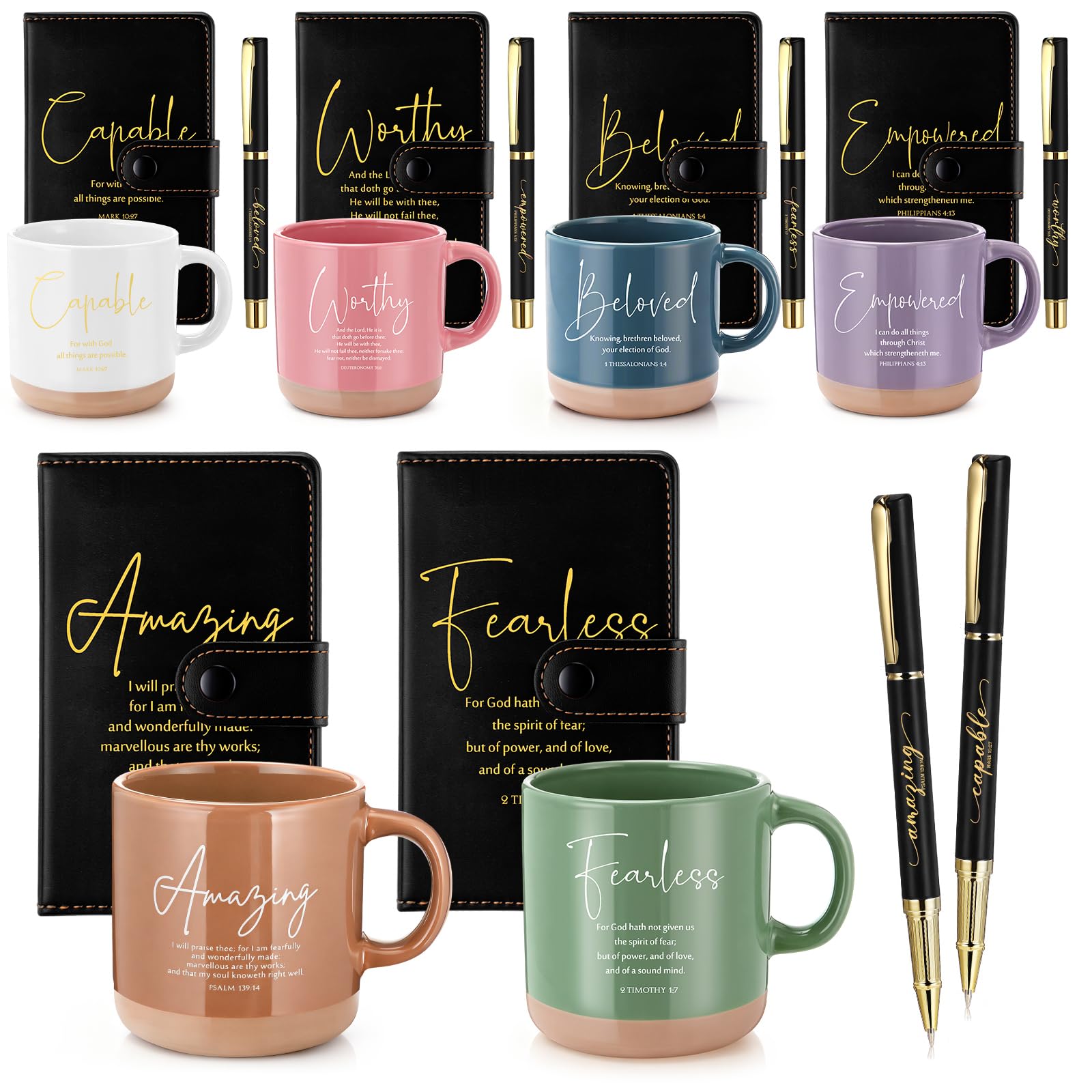 Potchen 18 Pcs Christian Father's Day Church Gift 13oz Bible Verse Ceramic Coffee Mugs with Leather Journal Pen Inspirational Religious Gift for Male Teacher Nurse Pastor (Bible,Neutral Black)