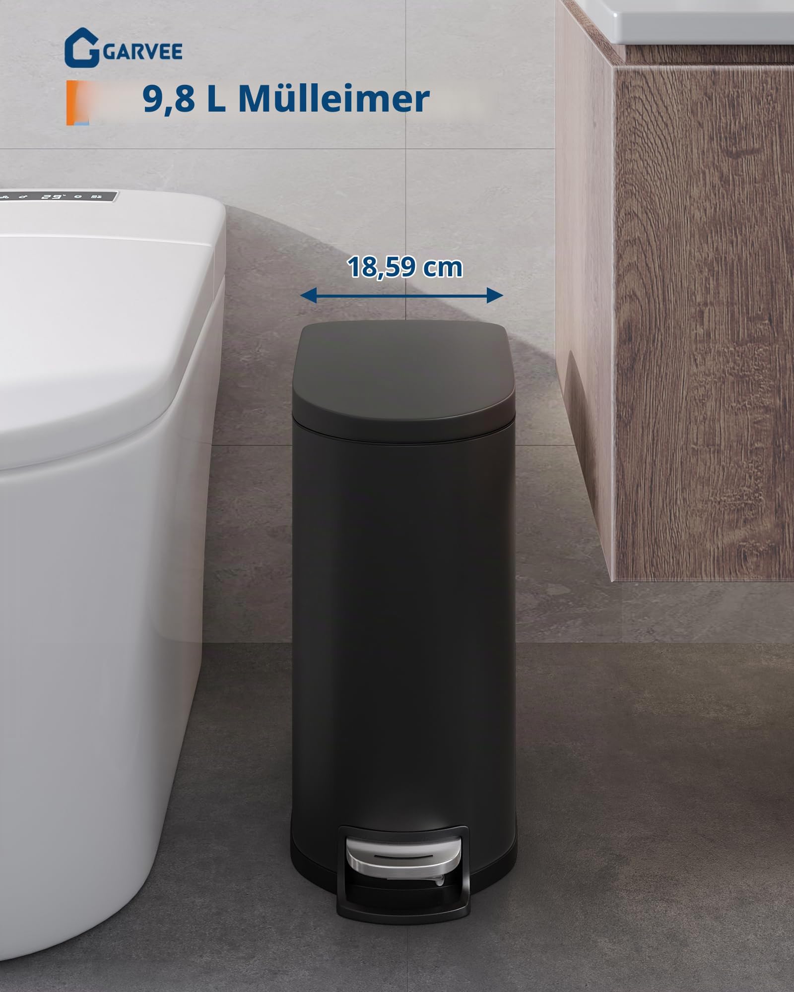 GarveeHome 50 Liter- und 10 Liter-Metallmülleimer-Set, rostfreier Küchen Mülleimer mit Deckel, pedalbetätigter Mülleimer mit Inneneimer, Griff an der Rückseite, Schwarz