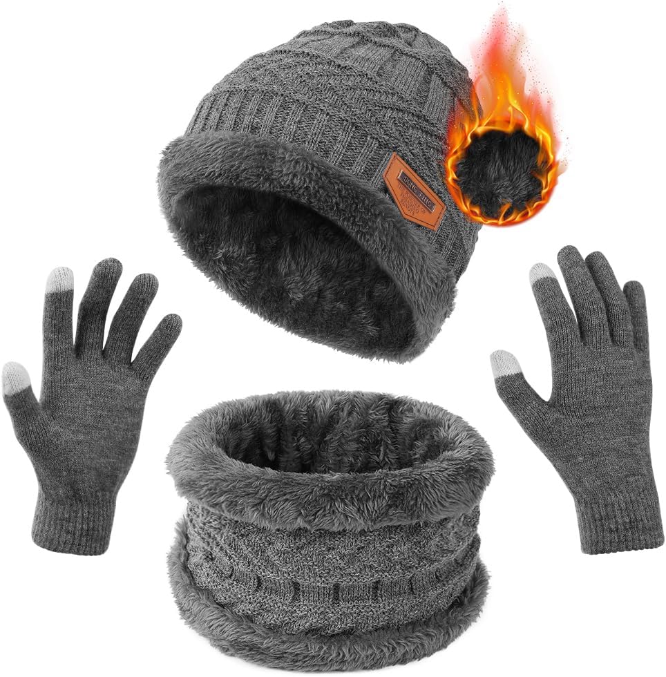 3 in1 Winter Hat Scarf Gloves Set, Winter Warm Elastic Knitted Beanie, Circle Scarf and Touch Screen Gloves Set, Outdoor Sports Thicken Soft Fleece Inner Lining Gift for Men Women