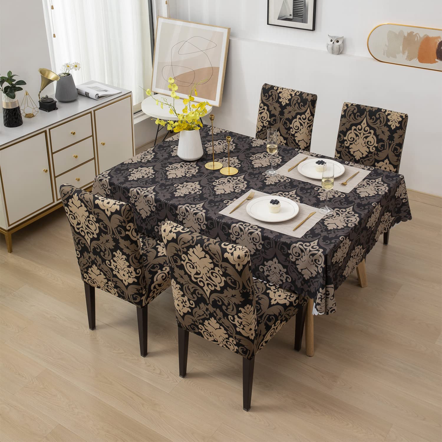 House of Quirk Polyester, Polyvinyl Chloride (PVC) Dining Chair Cover with Rectangular Table Covers for Kitchen Waterproof Dining Table Cloth (Black/Brown Motif, 1 Table Cover + 4 Chair Cover)