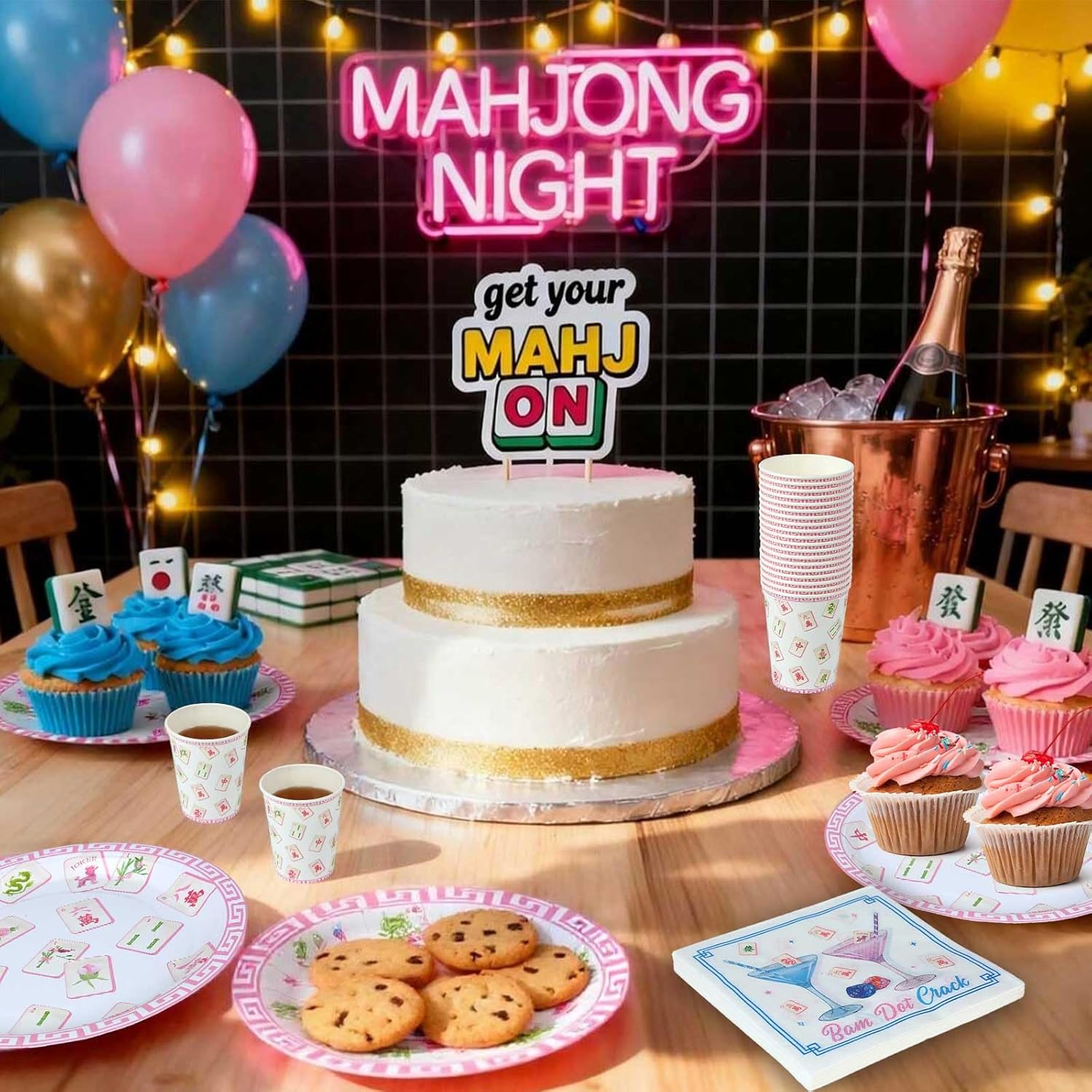 Mahjong Cocktail Napkins Cups Plates Set,40 Napkins 40 Cups and 40 Plates,Great for Mahjong Party Supplies or Mahjong Gifts for Women Lovers (Mahj napkin set)