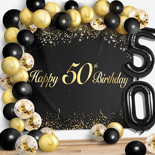 Globos de feliz cumpleaños número 50 negro decoración del juego de guirnaldas temáticas de fiesta de 50 años decoración de fondo para mujeres y