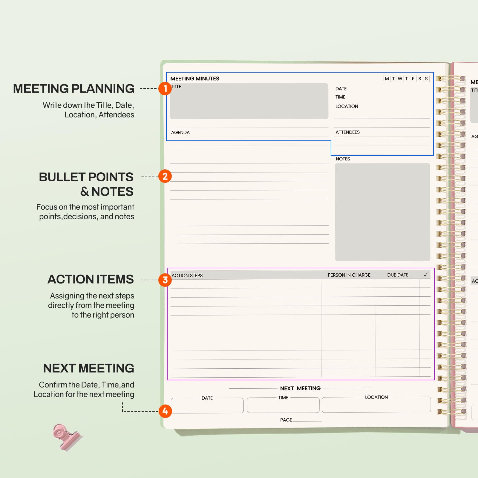 SUNEE Taccuino per riunioni da lavoro con linguette adesive, 160 pagine, formato A4, agenda per riunioni/minuti, organizer per appunti per donne e uomini, per prendere appunti, ufficio e affari, 21,6