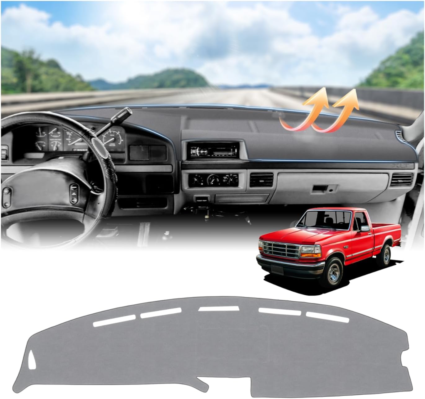 CARTIST Gray Dashboard Cover for 1992-1996 Ford F150 Bronco&1992-1997 F250 F350, Anti-Glare Non-Slip UV Protection Dash Cover Mat