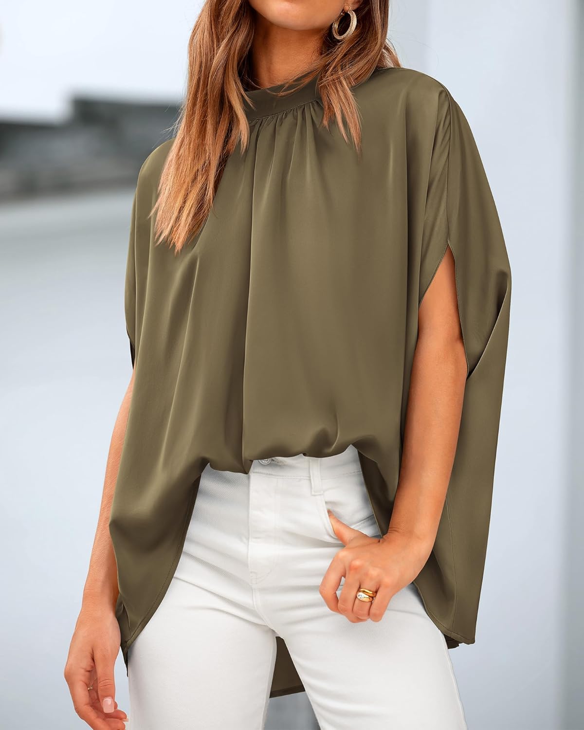 BTFBM Womens Summer Tops 2026 Mock Neck Batwing Sleeve Silk Satin Shirts Loose Oversized Dressy Casual Spring Blouses - Image 5