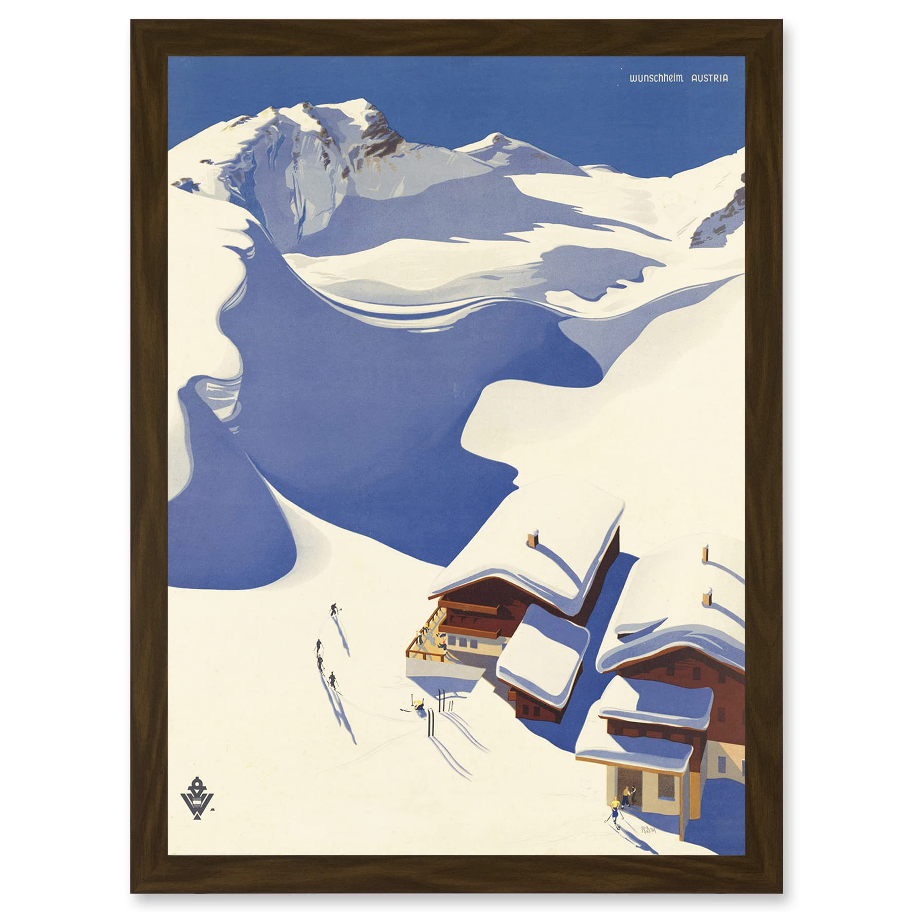 Artery8 Travel Winter Sport Snow Ski Chalet Alps Austria Blue White A4 Artwork Framed Wall Art Print