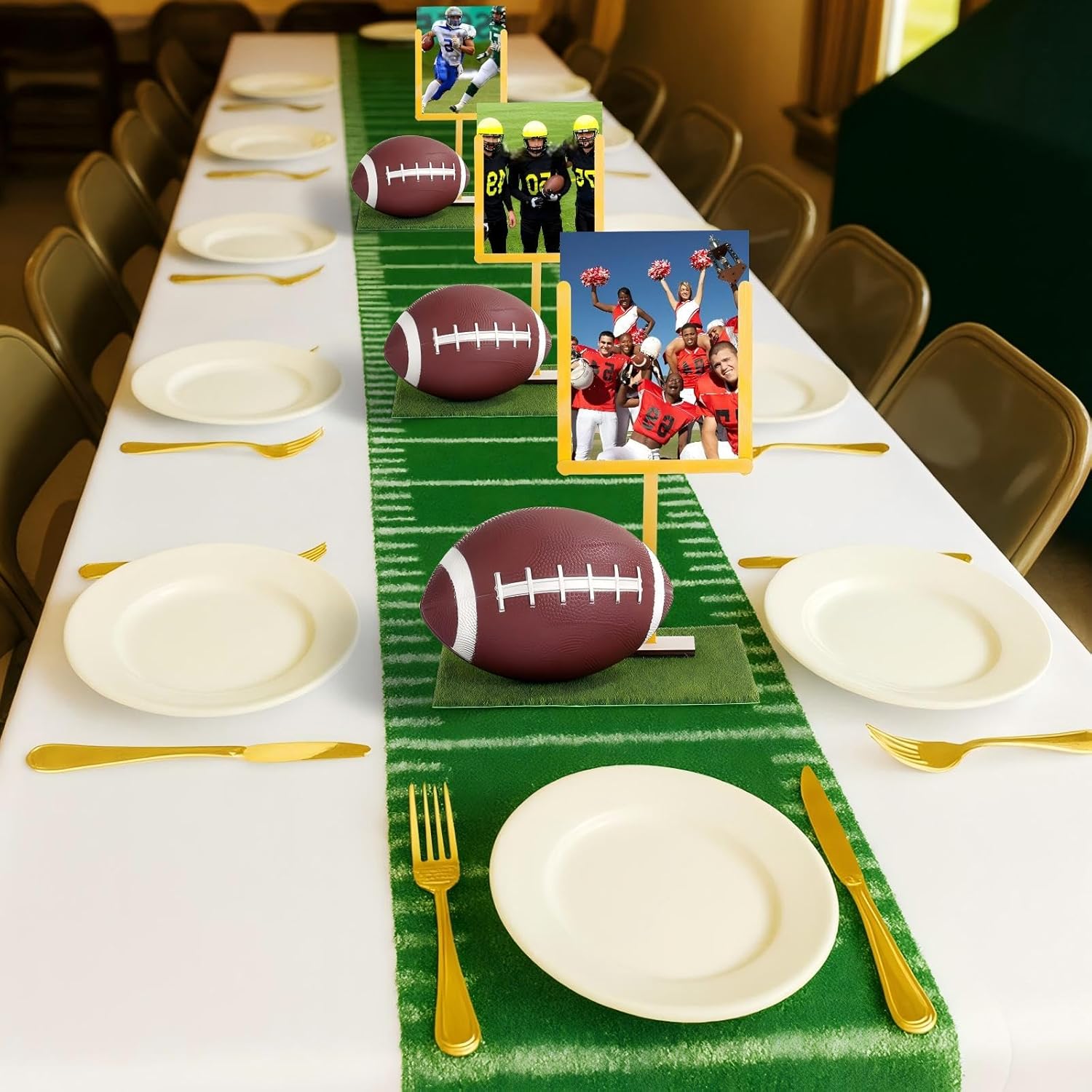 6 Set Football DIY Table Centerpiece Decor Set Includes Mini Footballs, Artificial Turf, Rugby Hoop Photo Goalposts, Football Tabletop Centerpiece Decoration for Game Birthday Party Favors