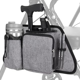 Vive Side Bag for Rollators, Wheelchairs, Walkers - Tote Organizer with Phone Pocket - Storage Travel Pouch - Small Hanging Stroller Accessories for Women, Men, Seniors - Non Slip Cup Holder