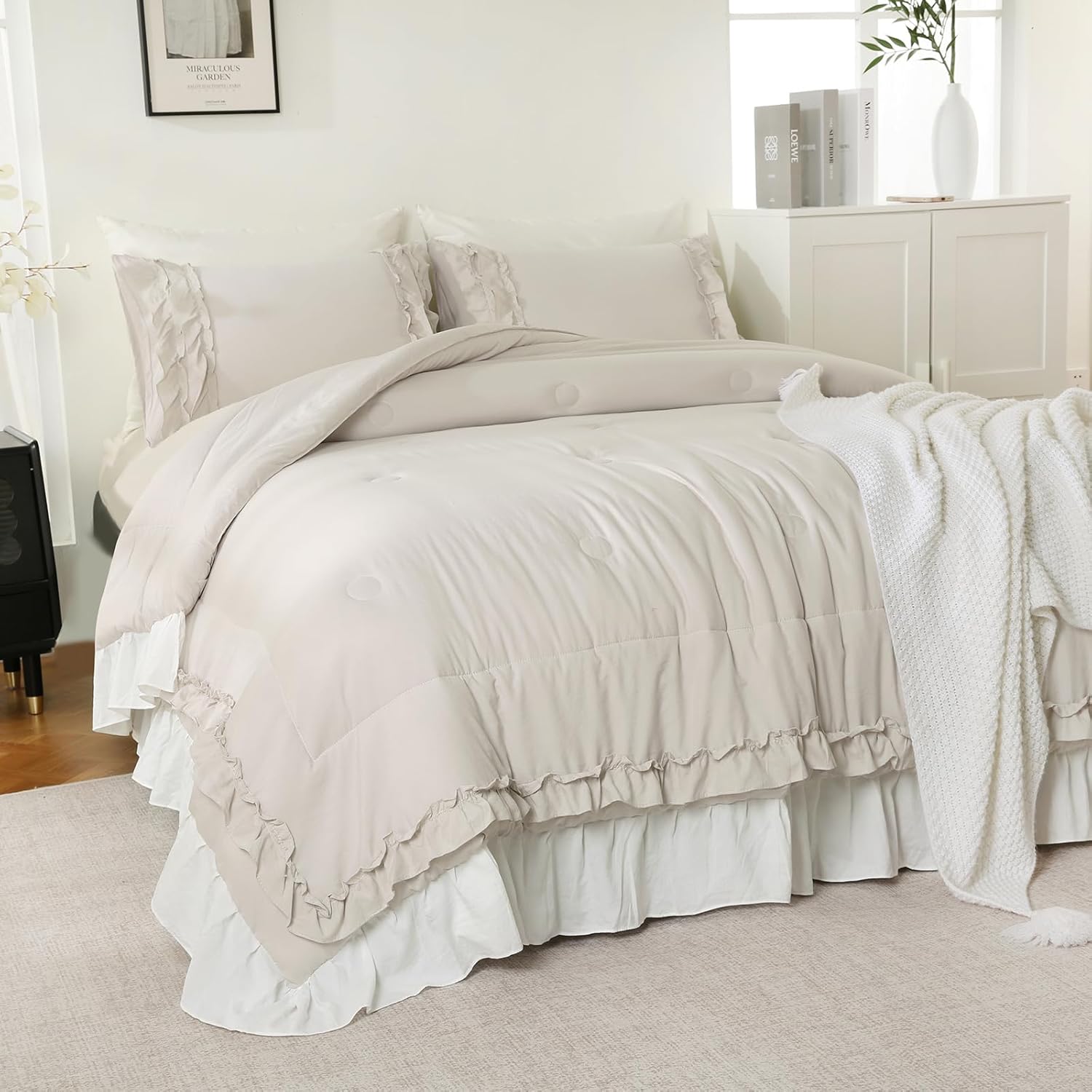 Beige Queen Comforter Set Cute White Ruffle Bedding Set Boho Farmhouse Home Decor Shabby Chic Down Comforter Vintage Quilt Set 4 Pcs Soft Lightweight Microfiber Bed Queen Beige-01