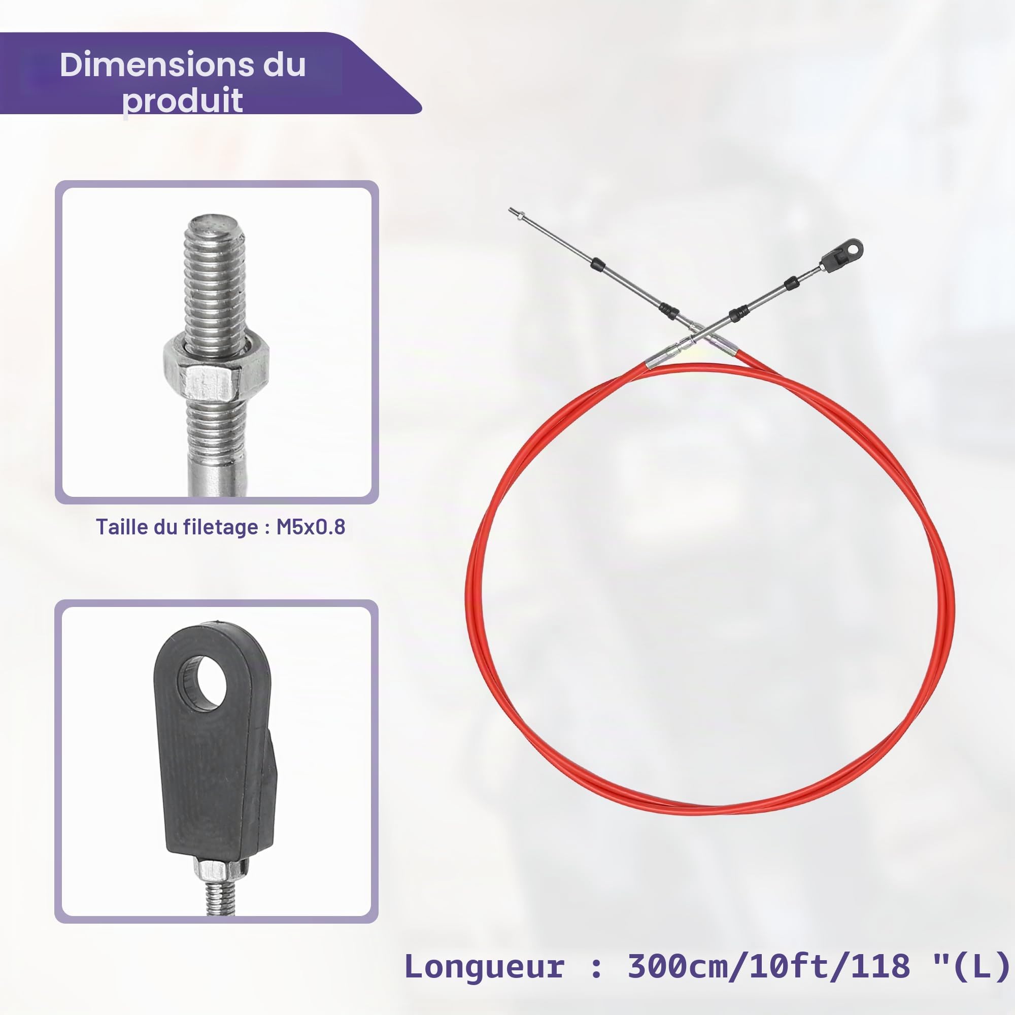 QUARKZMAN Câble De Commande Des Gaz Rouge 2 Pcs Pour Bateau Marin | Longueur 300cm/10ft, Matériau Acier Inoxydable Et Caoutchouc, Filetage M5x0.8, Pour Contrôle Des Gaz Et Changement De Vitesse