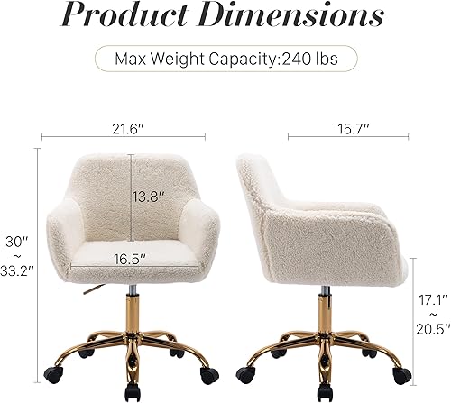 Miniatura 3 de Silla de escritorio giratoria de piel sintética de 360, moderno sillón de oficina en casa ajustable con base dorada para adolescentes, mujeres y