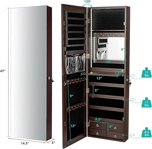 Miniatura 5 de CHARMAID Armario de joyería con tira LED con espejo de longitud completa de 47.2 pulgadas de alto, organizador de joyas montado en la paredpuerta