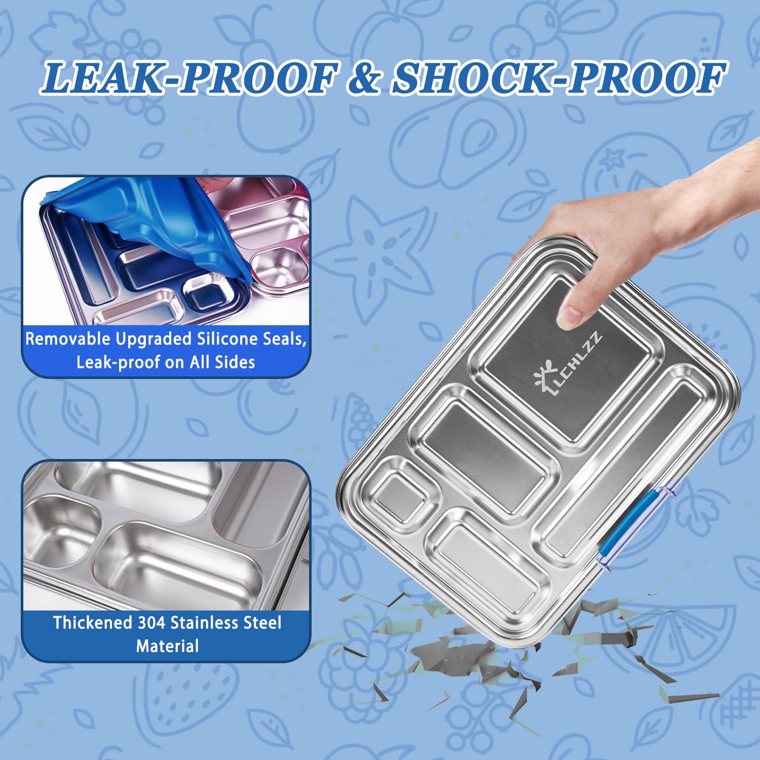 LCHLZZ Bento Box in acciaio inox, 5 scomparti con 2 contenitori bonus, a prova di perdite e senza BPA, contenitori per il pranzo in acciaio inox 304, per ufficio, viaggi, lavabili in lavastoviglie
