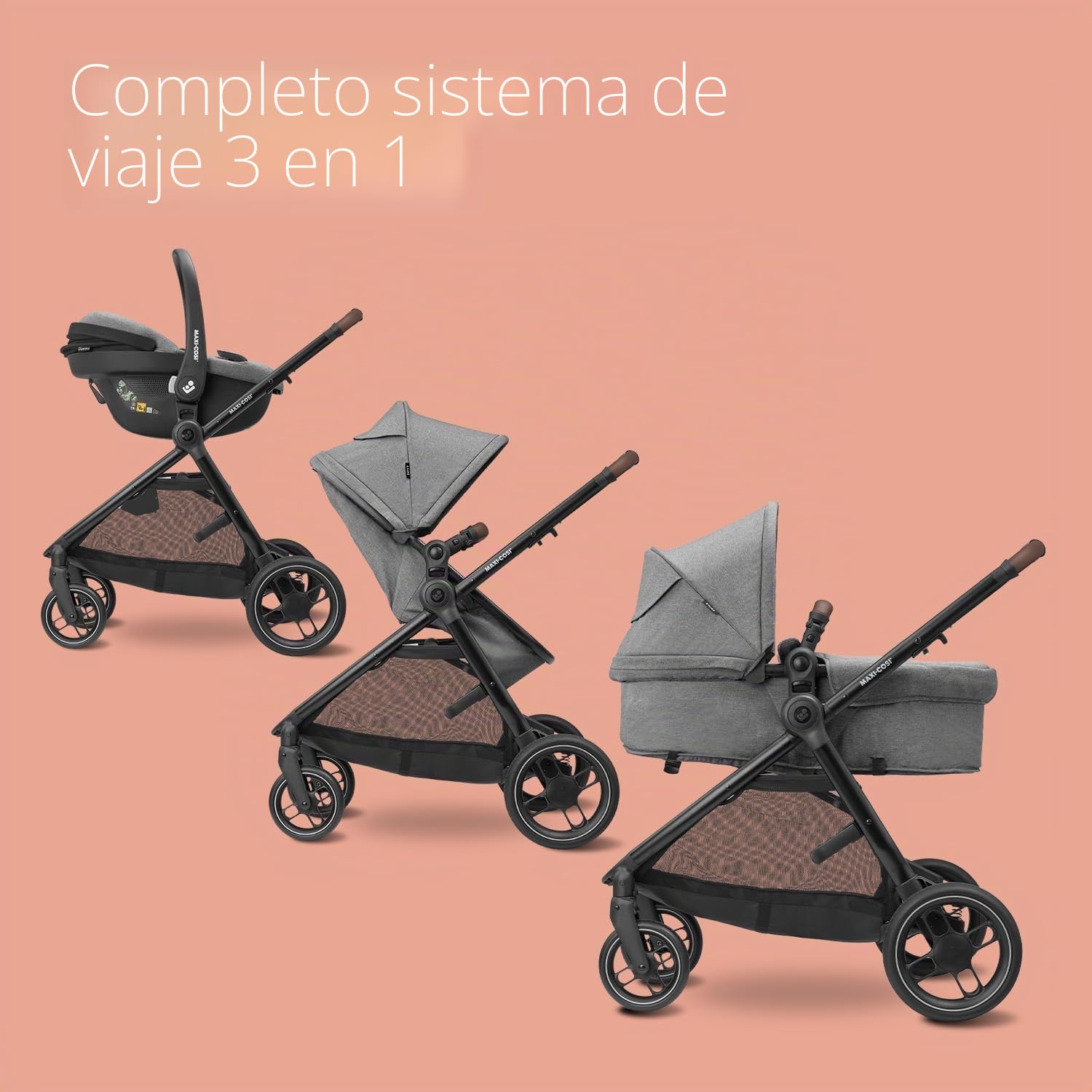 Maxi-Cosi Zelia S Trio - Cochecito de bebé 3 en 1, 0-4 años, hasta 22 kg, plegable, compacto y reclinable, con asiento de coche CabrioFix S i-Size, accesorios, bolsa de guardería, gris
