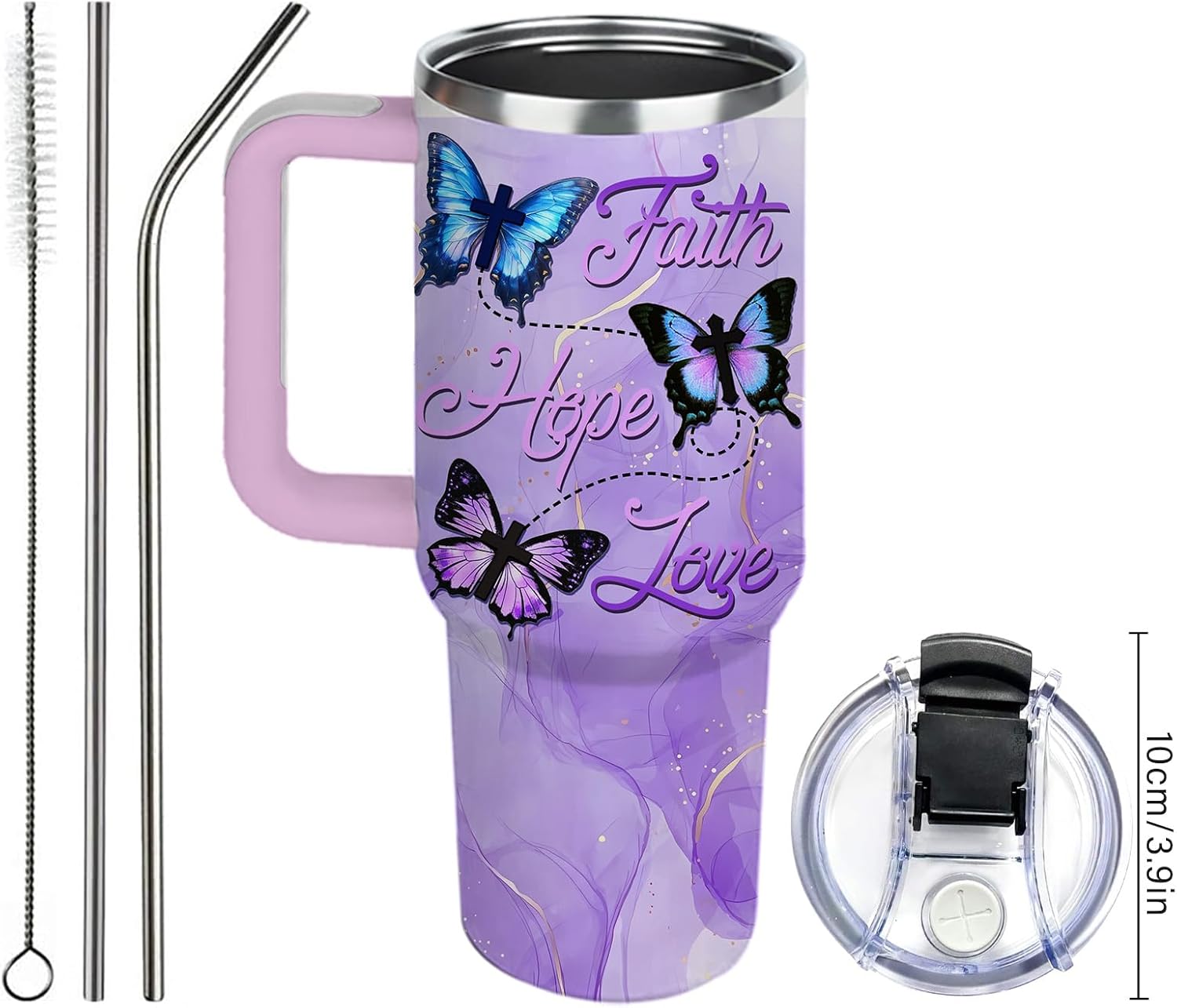 Butterfly 40oz Tumbler with Handle and Straw Lid Stainless Steel Insulated Coffee Travel Mug Cup Keeps Drinks Cold & Hot, Christian Gifts for Butterfly Women Birthday - Image 8