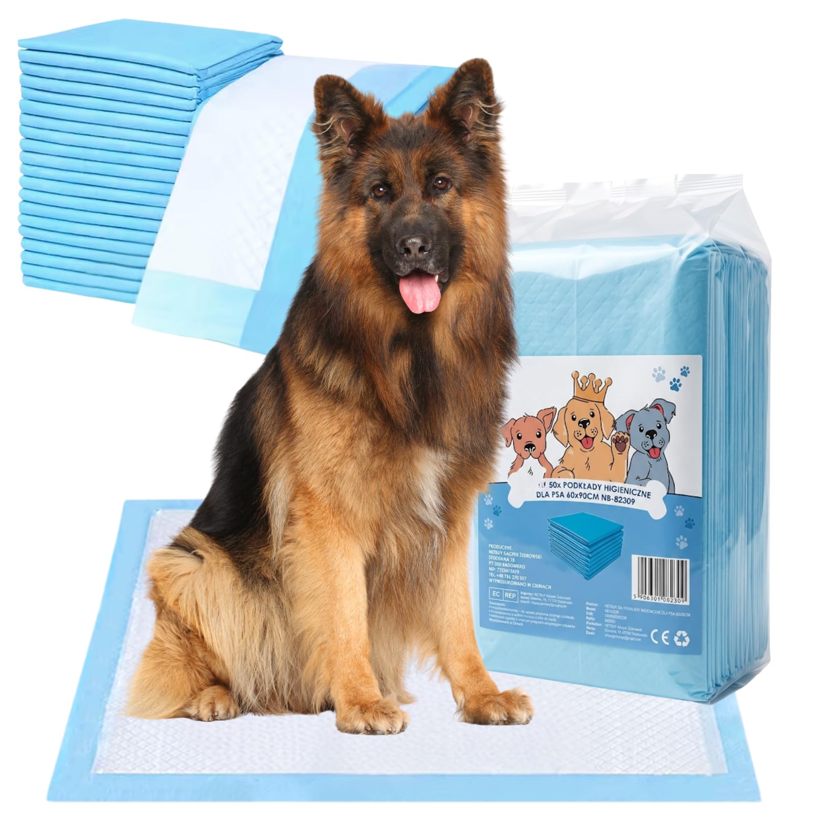 Welpenunterlagen 60x90 cm, Trainingspads für Hunde, 50 Stück, Auslaufsicher und Strapazierfähig mit Schnell Trocknender Oberfläche, PIPI Matten, Blau-Weiß