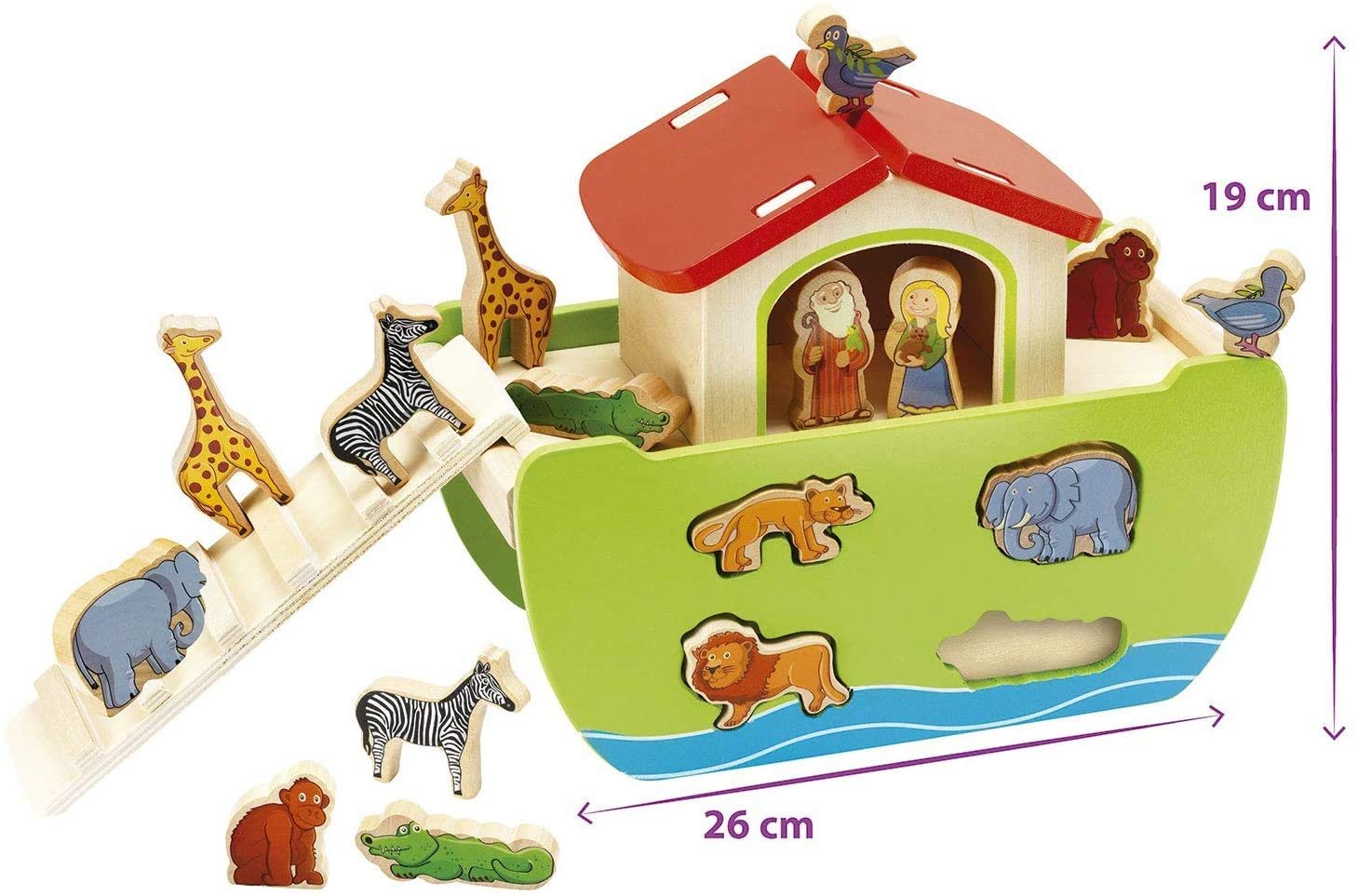 Eichhorn Wooden Noah's Ark Multi-Colour Shape Sorter Toy with 16 Colourful Animal Shapes & 2 Human Figures - Image 3